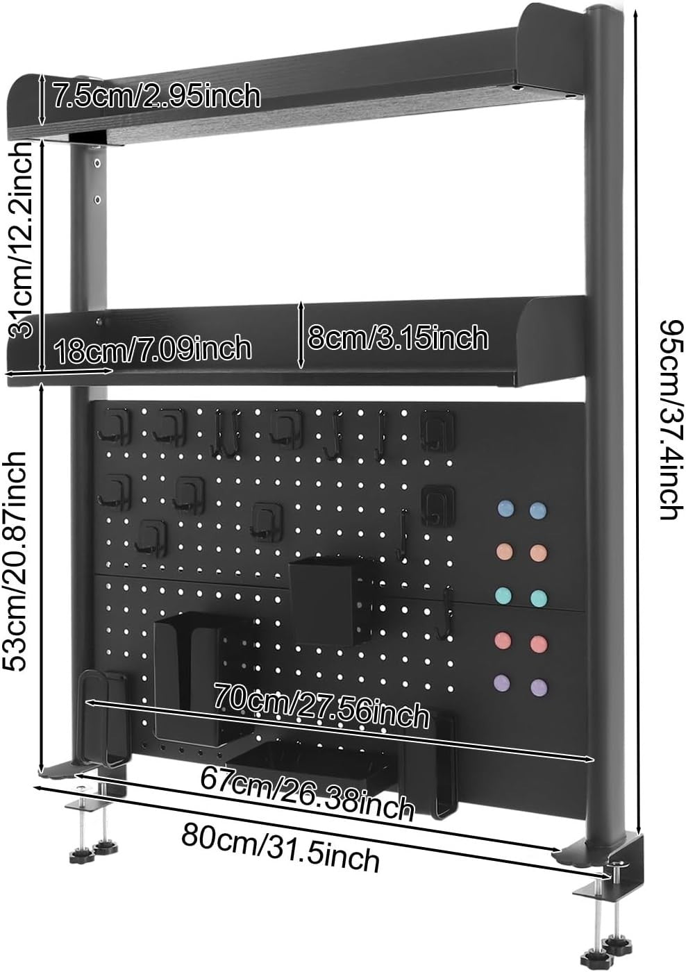 Clamp-On Desk Pegboard 80cm 2-Tier Desktop Organizer Shelf Privacy Panel Black