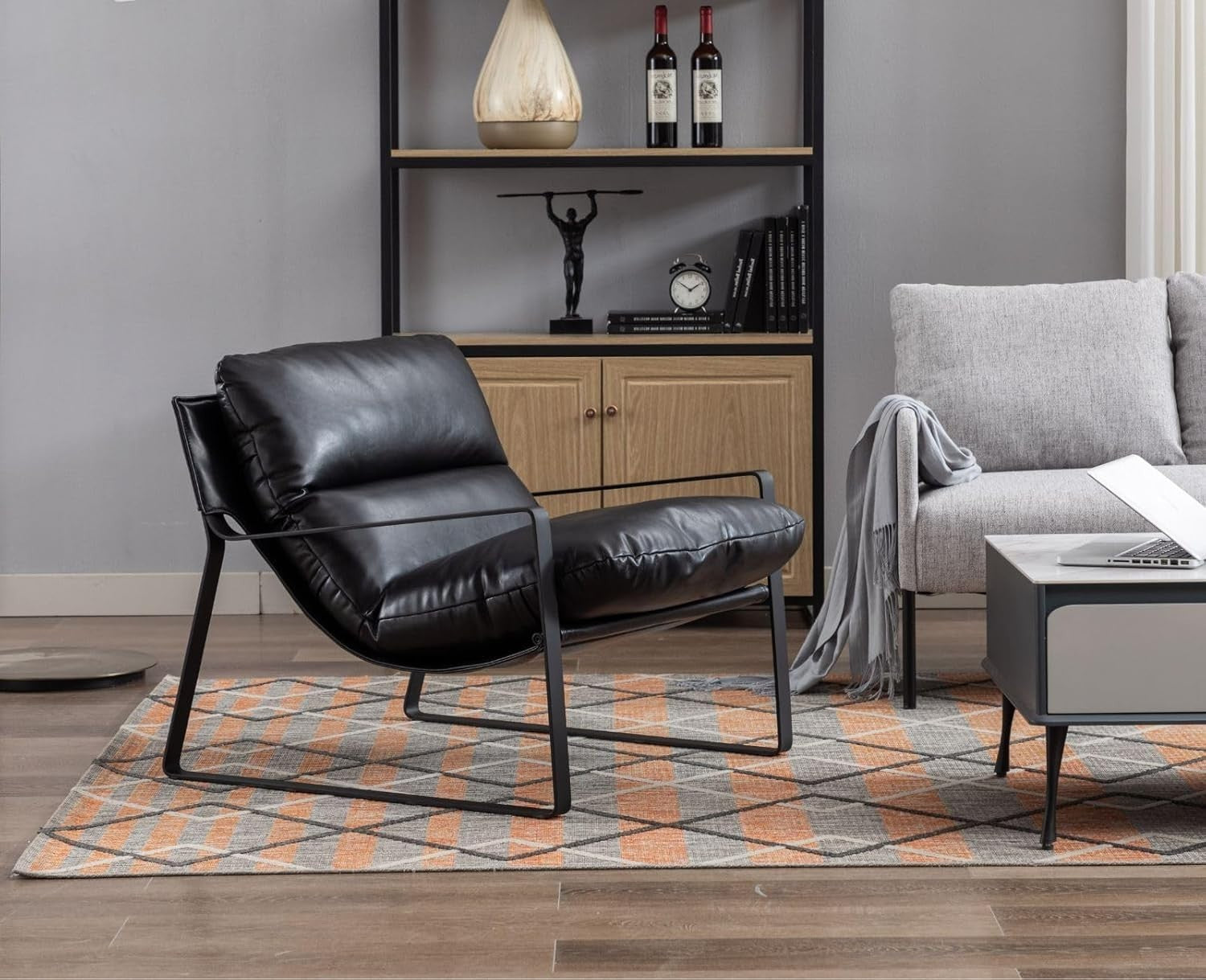 Modern Black Faux Leather Accent Armchair Lounge Chair Metal Frame