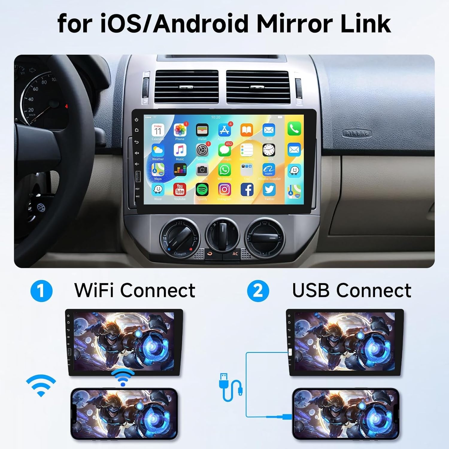 Hodozzy 9" Single Din Car Stereo Wireless CarPlay Android Auto GPS BT