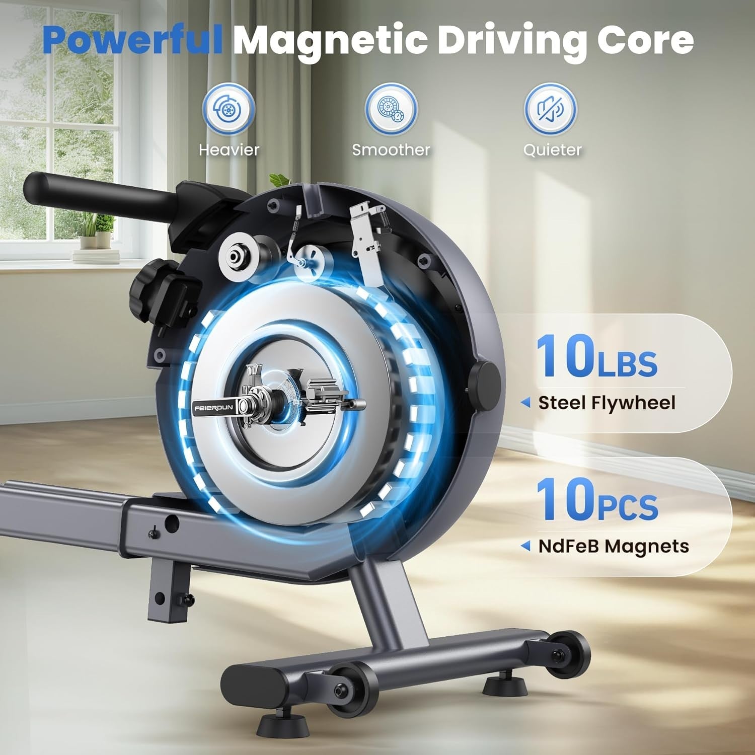 Magnetic Rowing Machine 16-Level Resistance Dual Rail App Smart LCD 350LB Home