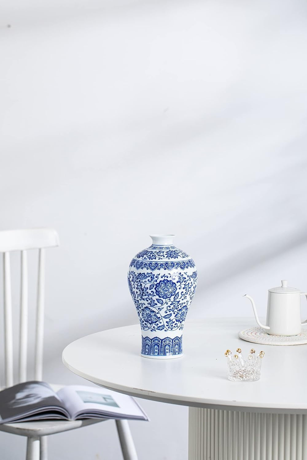 Blue White Ceramic Vase Chinoiserie Floral Table Centerpiece 9 Inch