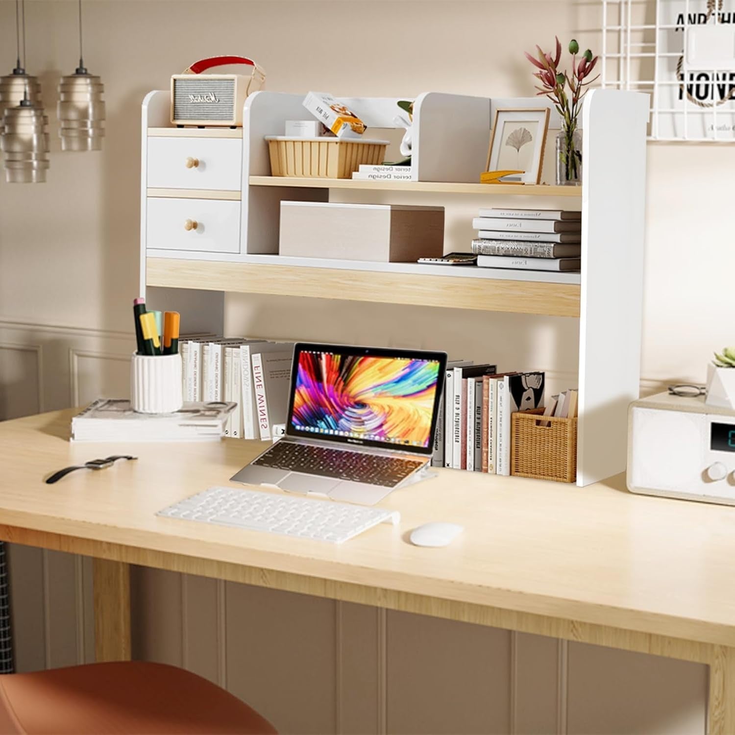 White Desktop Bookshelf Desk Hutch Organizer Expandable Shelf w/ 2 Drawers