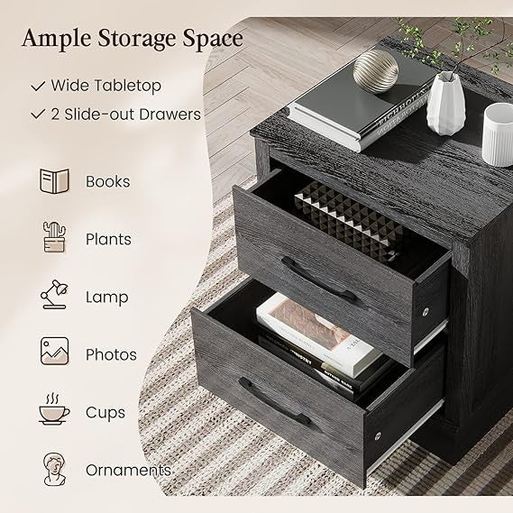 Compact Dark Grey Oak Bedside Tables 2-Pack with 2 Drawers | Modern Nightstands