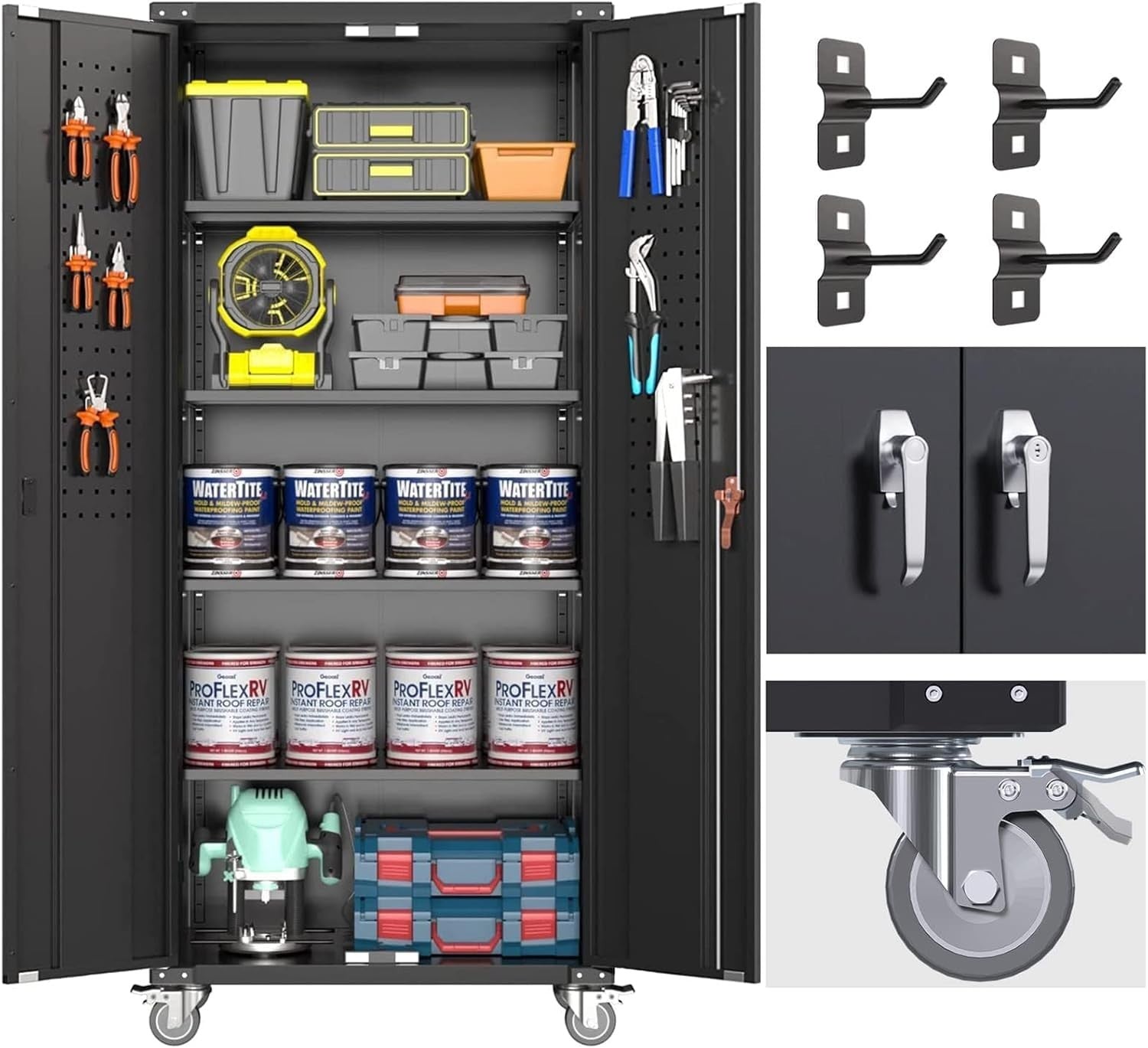 Metal Storage Cabinet with Wheels, Pegboard, Lock & Adjustable Shelves, 183cm