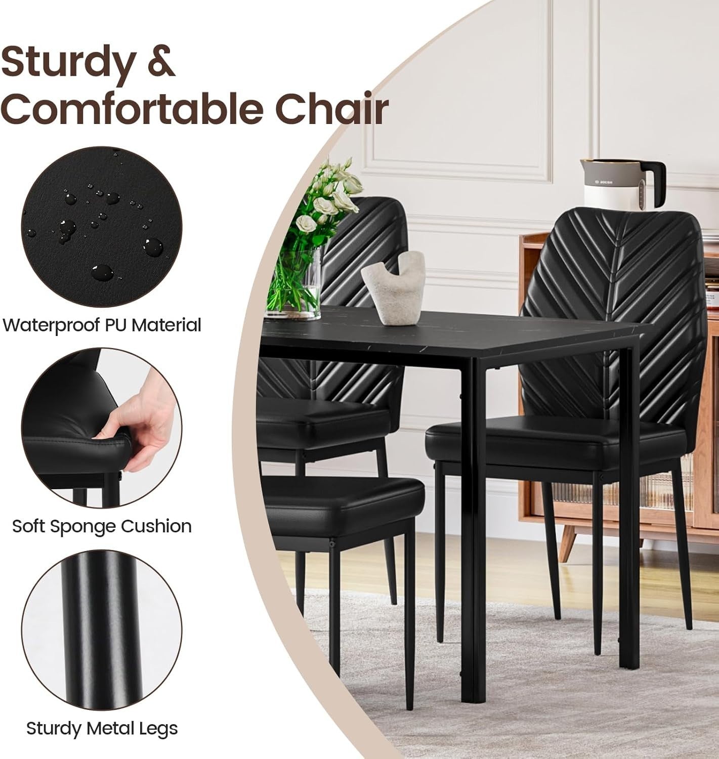 Modern Marble Dining Table Set 4 PU Chairs Black Leaf Pattern Kitchen