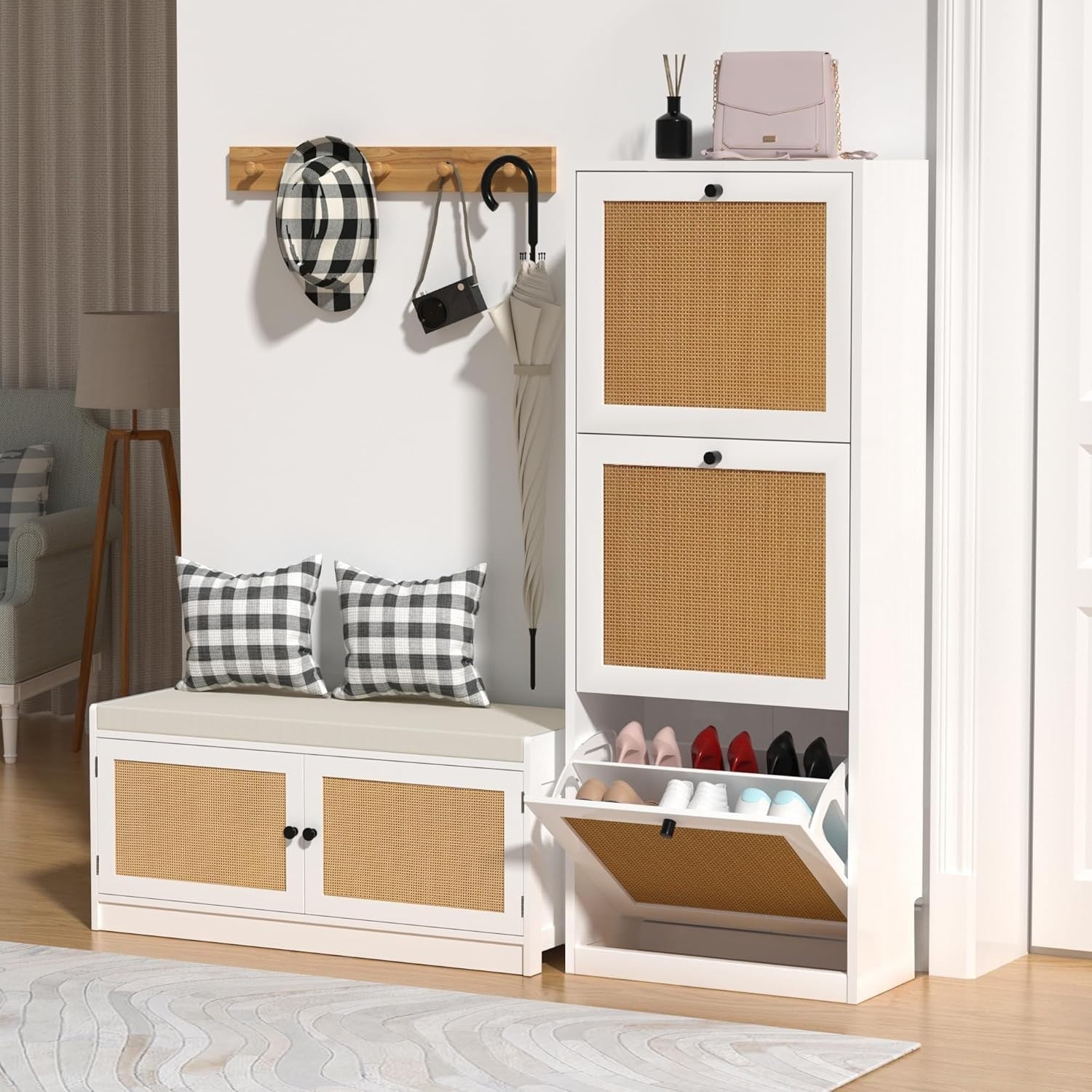 White Rattan Shoe Cabinet 3 Door Slim Storage Cupboard – Hallway Entryway