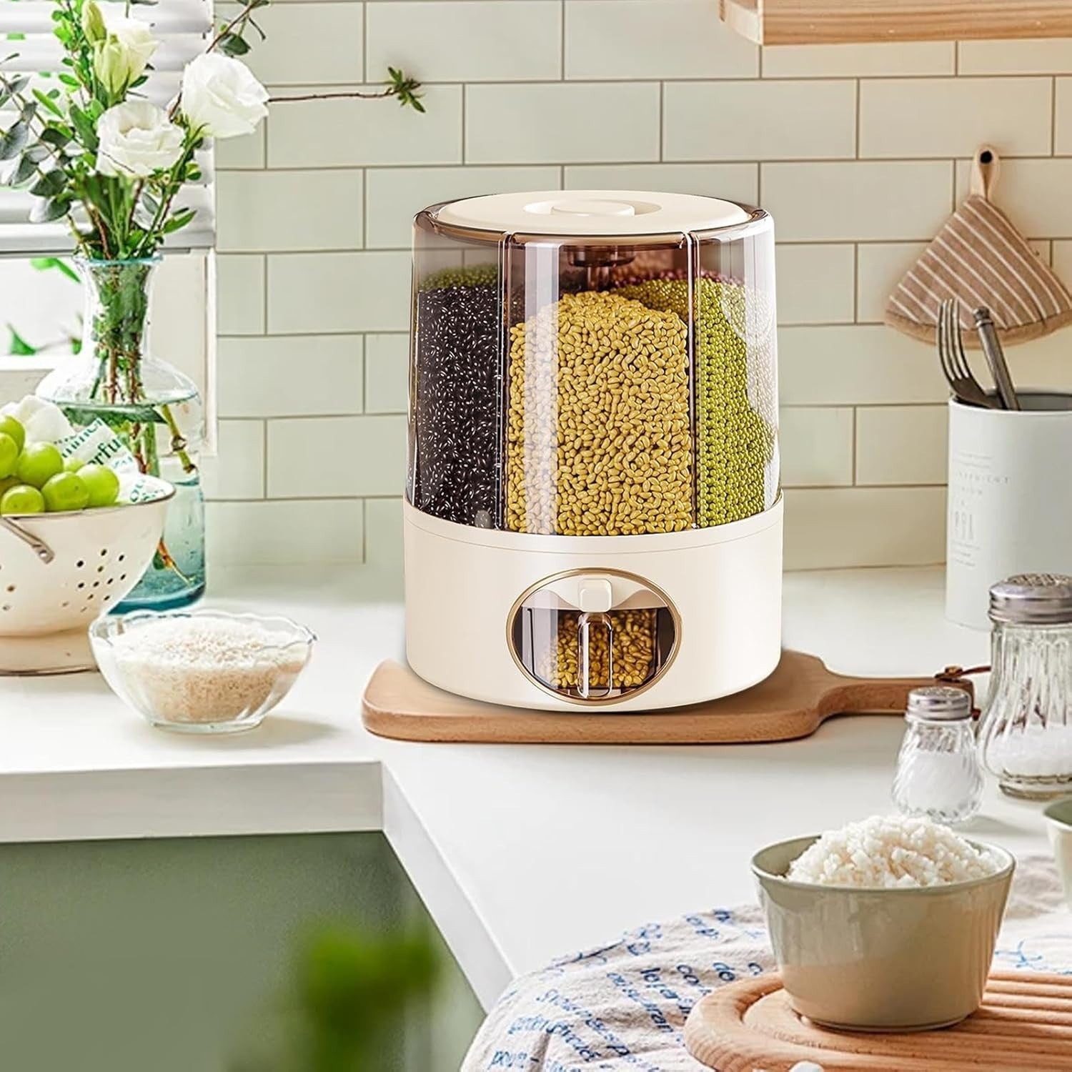 360° Rotating Grain Dispenser Airtight 6 Grid Bin