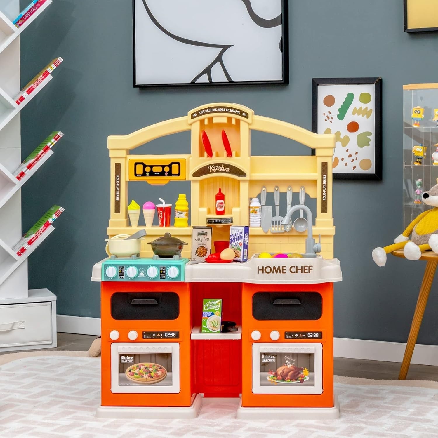 Kids Play Kitchen 69PCS Lights Sounds Steam Running Water Orange