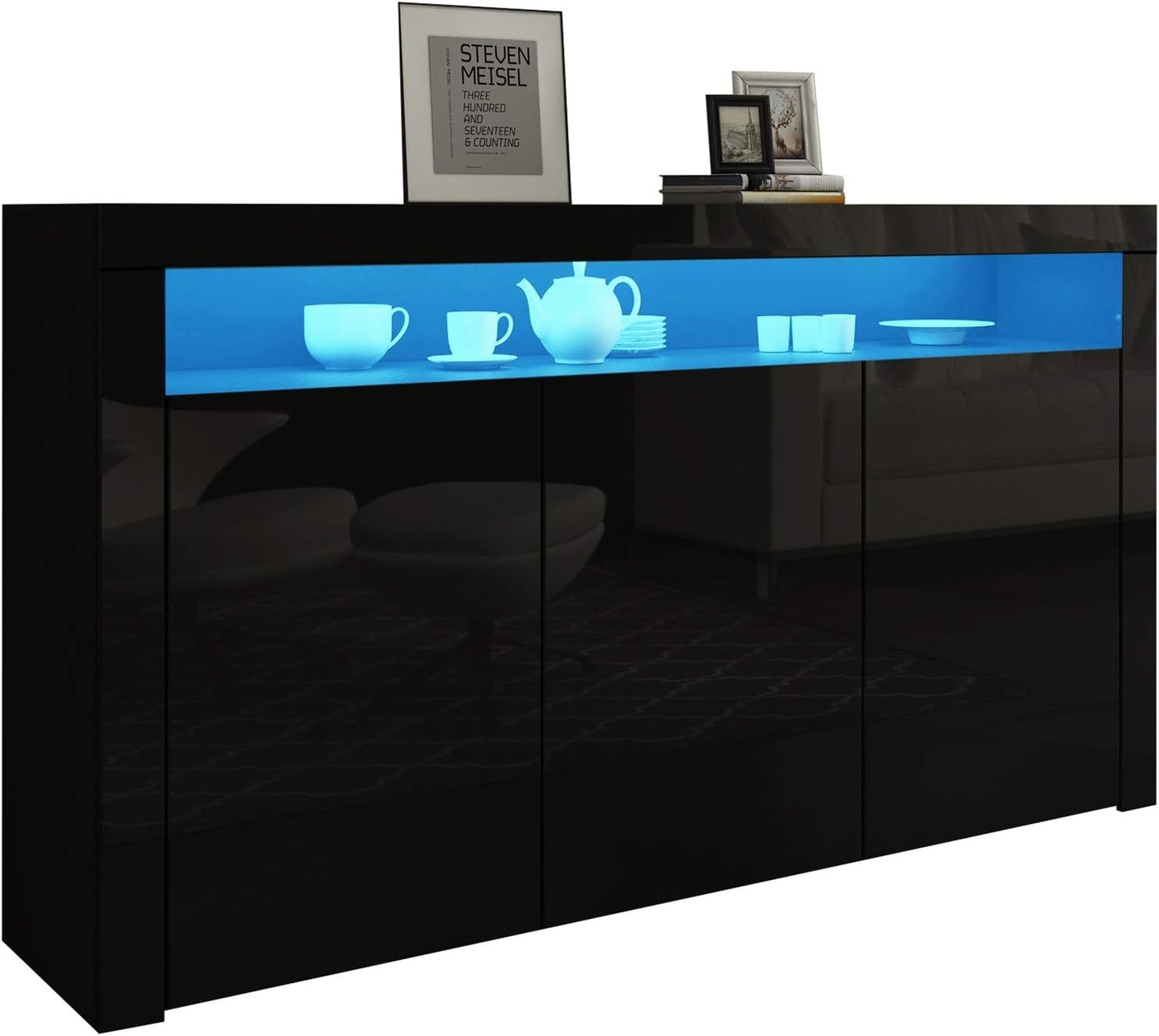 High Gloss Sideboard Cabinet with LED Lights, 3 Doors & Drawers, Modern Black