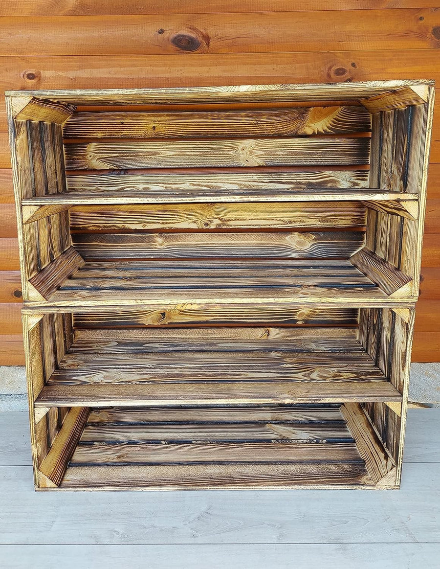 2 x Burnt Effect Wooden Crate with 1-Tier Shelf 40x30x75cm Rustic