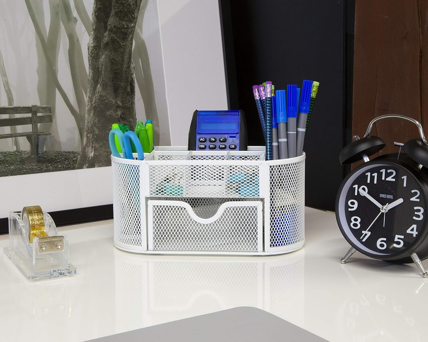8-Compartment White Desk Organiser with Drawer – Pen & Stationery Tidy