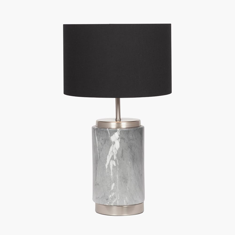 Tall Grey Marble Ceramic Table Lamp with Gold Detail & Black Drum Shade