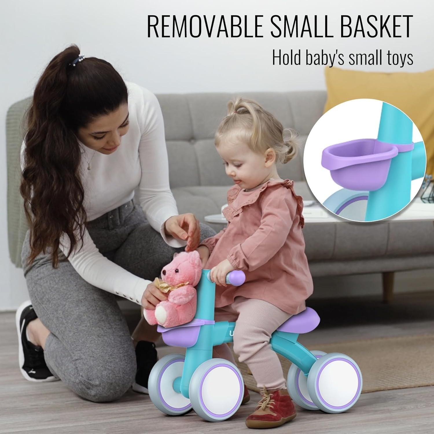 Baby Balance Bike 1 Year Old Toddler Ride On 4 Wheel Basket Purple Blue