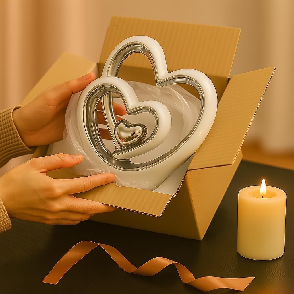 Silver Heart Ornament 25.5cm Ceramic Sculpture Modern Couple Wedding Gift Decor