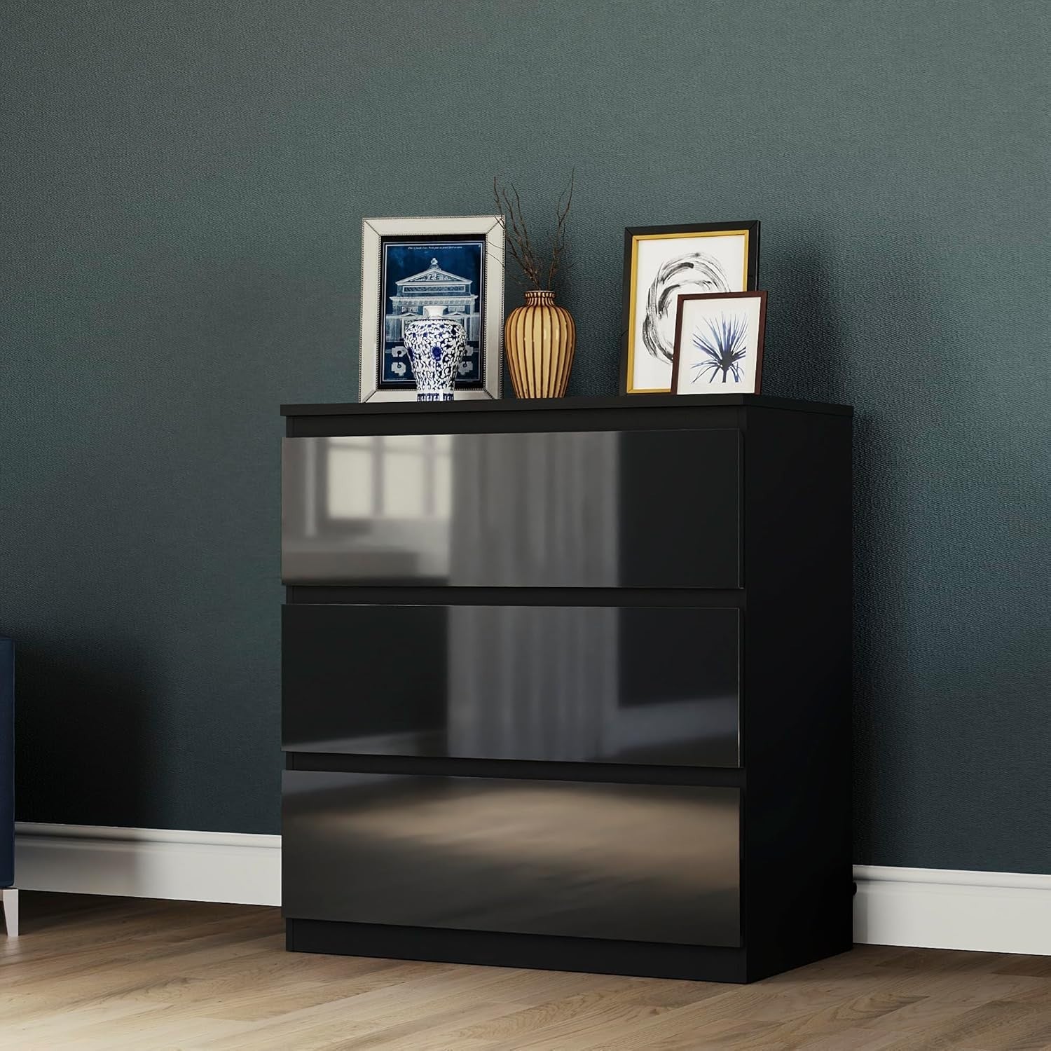 Black Gloss 3 Drawer Chest Compact Storage Cabinet Bedroom Organizer