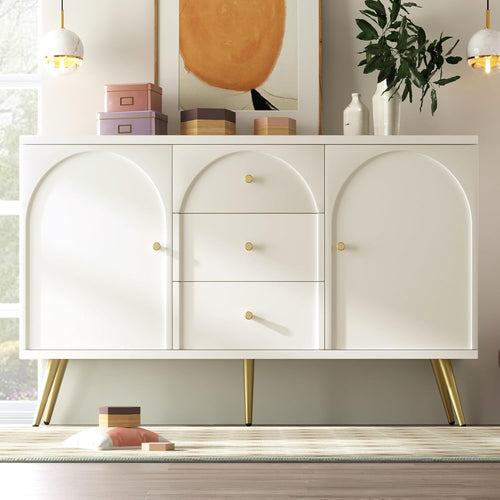 Modern Cream White Sideboard Cabinet 2 Doors 3 Drawers Adjustable Shelf