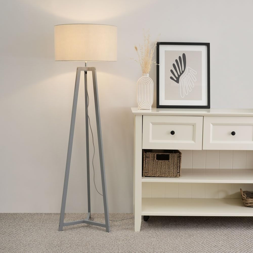 Grey Wooden Tripod Floor Lamp Natural Fabric Drum Shade LED Light