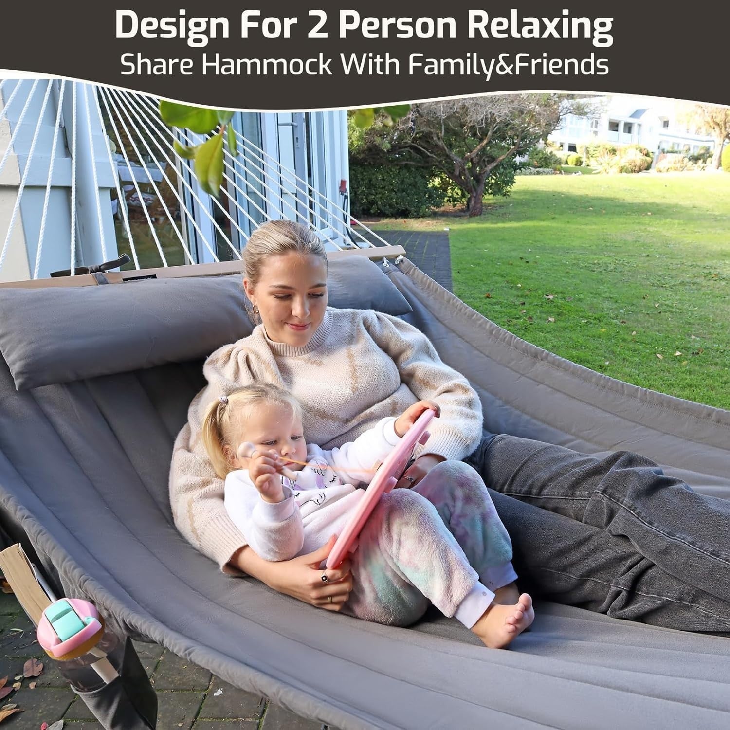 Luxury Outdoor Double Quilted Fabric Hammock 2-Person 450lbs w/ Pillow