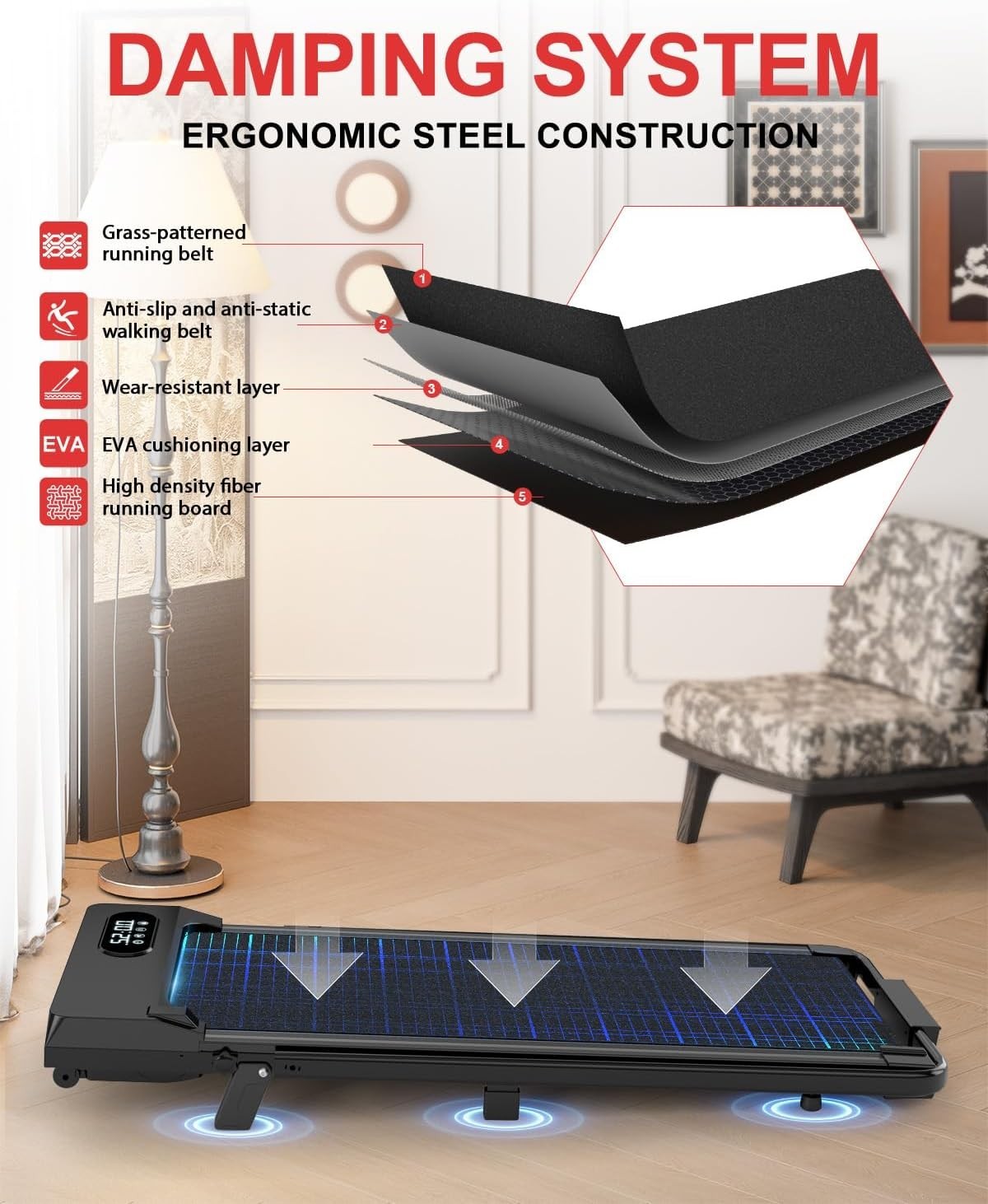 Foldable Under Desk Walking Pad Treadmill 7% Incline LED Remote