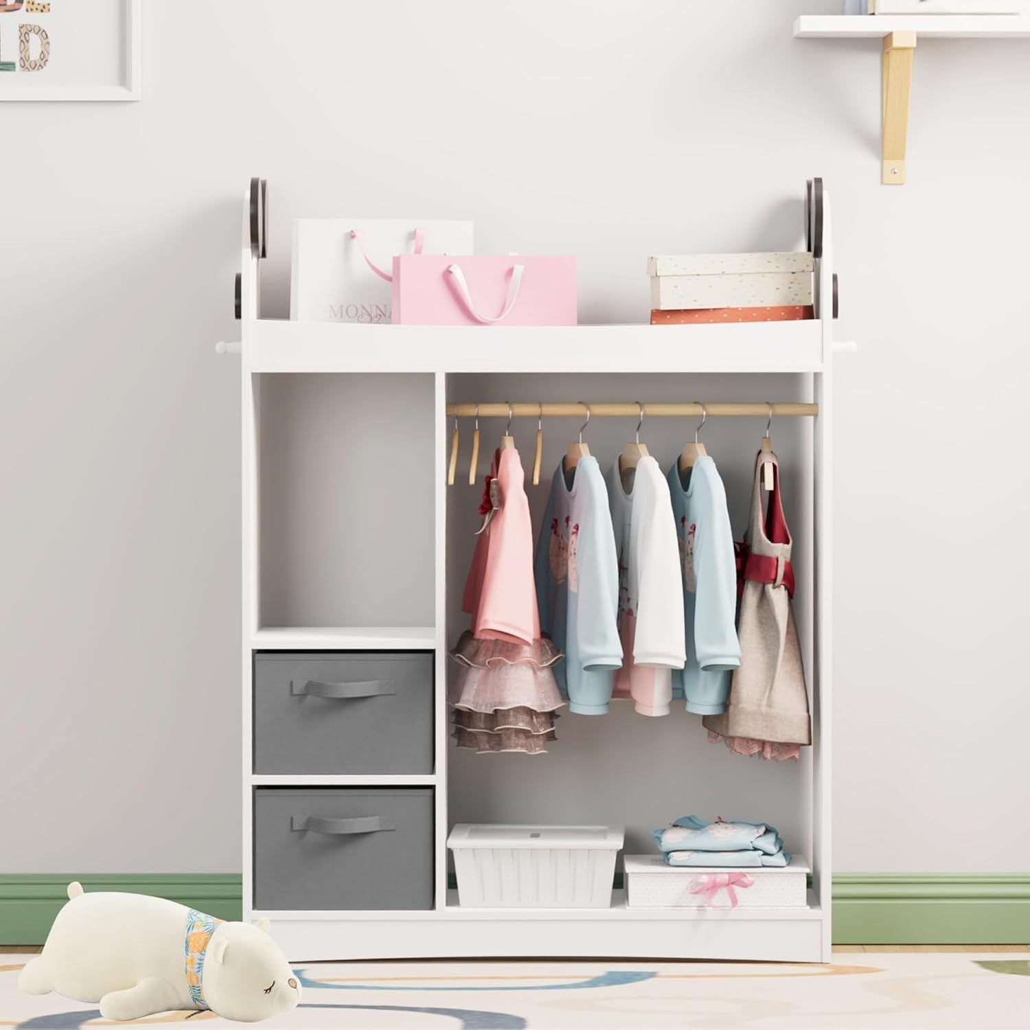 Kids Dress Up Wardrobe with Mirror, Hanging Rail & 2 Drawers for Clothes