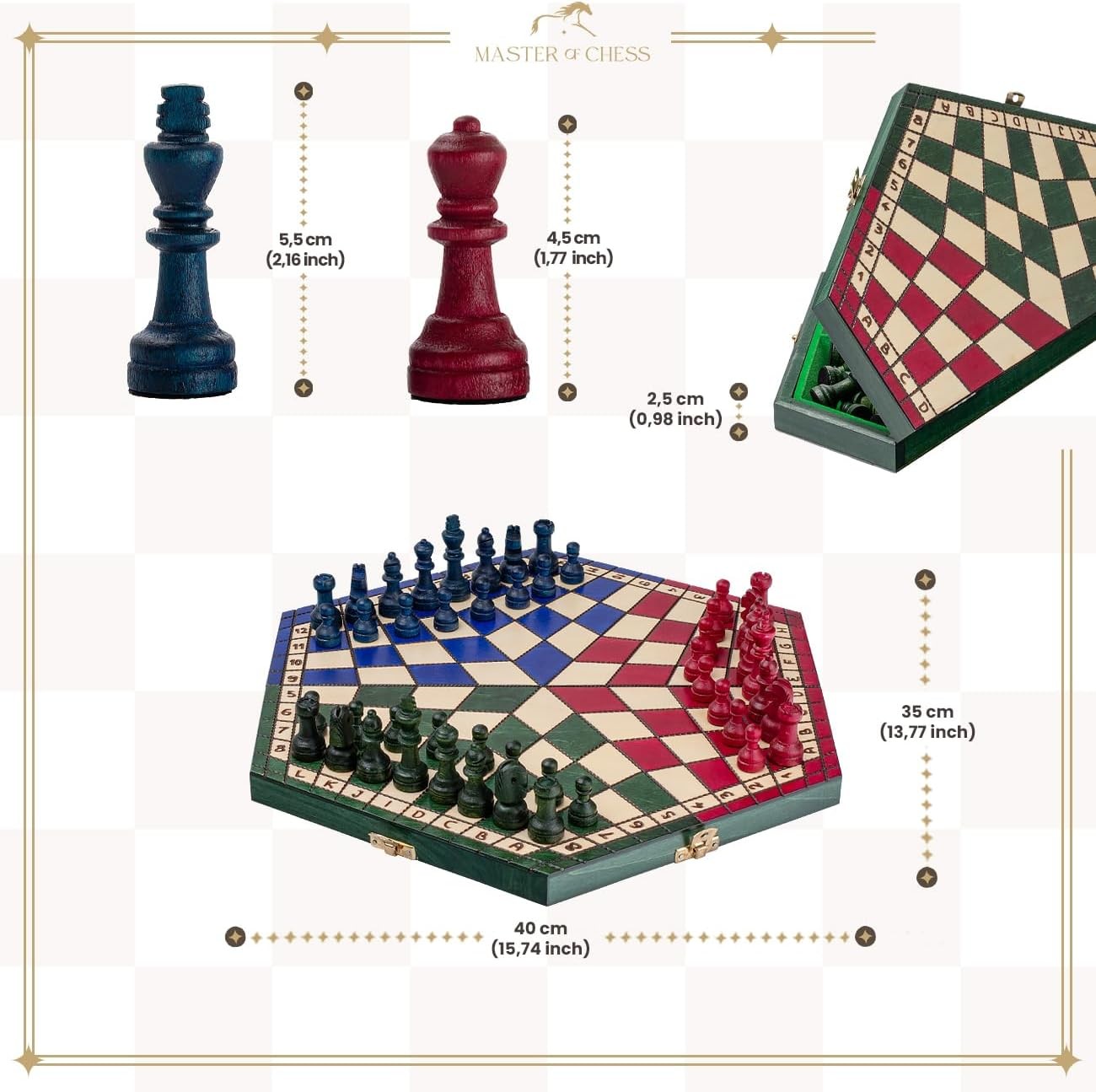 Large 3-Player Wooden Chess Set Hexagonal Board 40×35cm Handcrafted Travel Game