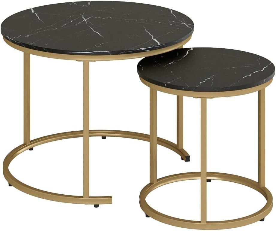 Round Nesting Coffee Tables Set of 2 Grey Top Black Frame, Space Black and Gold