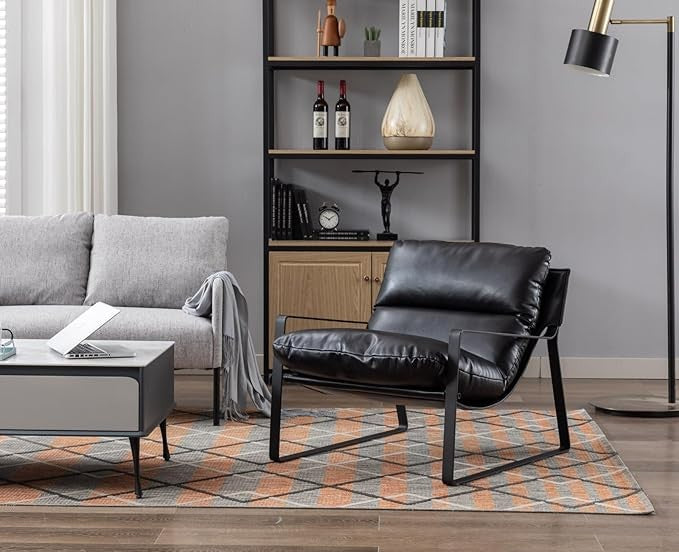 PU Leather Accent Armchair Metal Frame Tub Chair Black