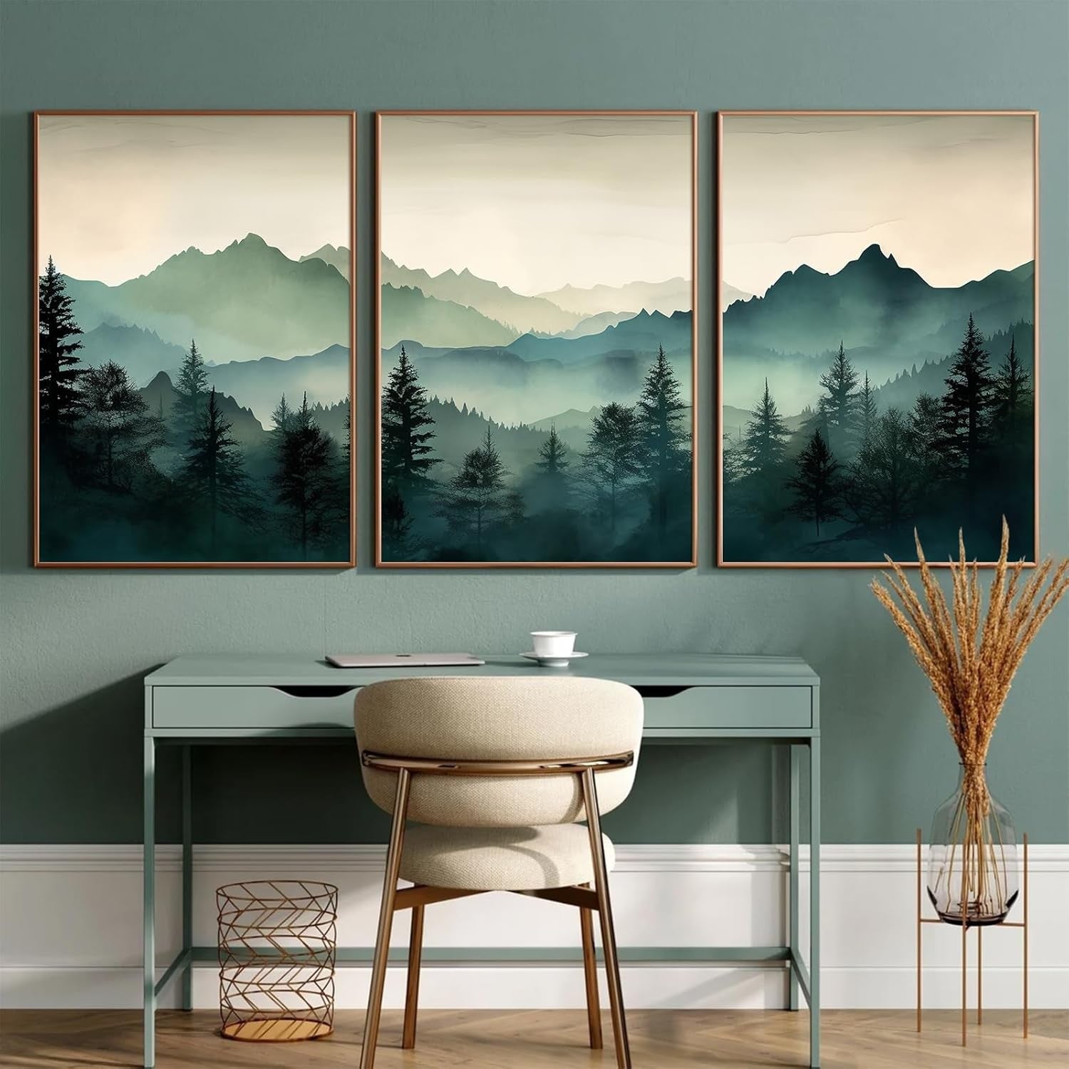 Sage Green Mountain Wall Art Set 3 16x24in Canvas