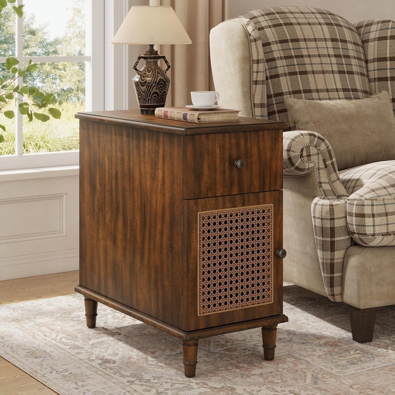 Solid Wood Walnut End Table with Drawer & Cabinet – Vintage Slim Bedside Table