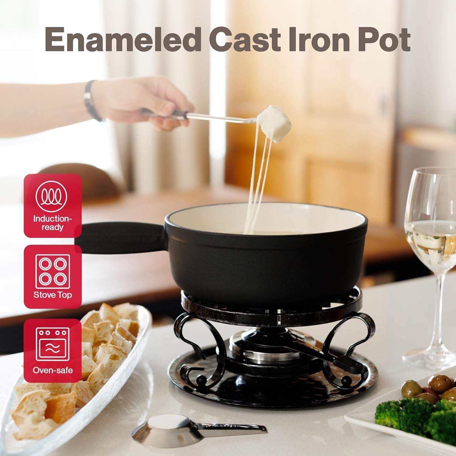 Cast Iron Fondue Set 9 Piece Matte Black Cheese Chocolate Pot 2L