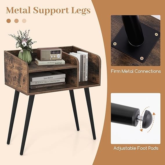 Rustic Brown Wooden Bedside Table with Open Shelves & Metal Legs – Modern Nights