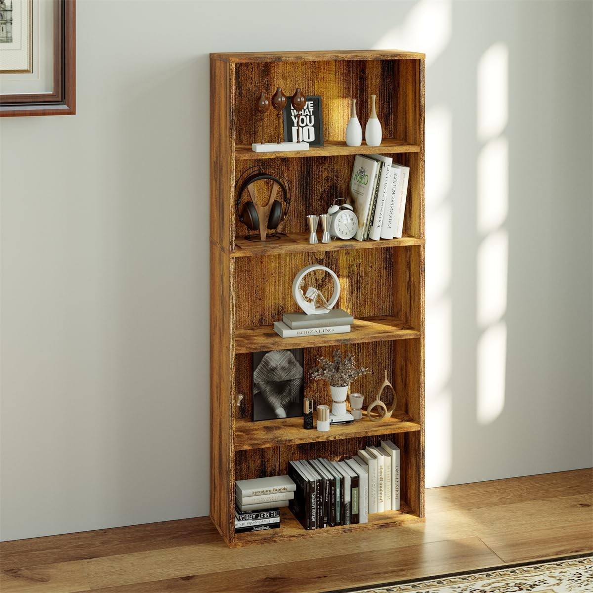 Rustic Wood 6 Tier Tall Bookcase Free Standing Open Shelf Storage Unit