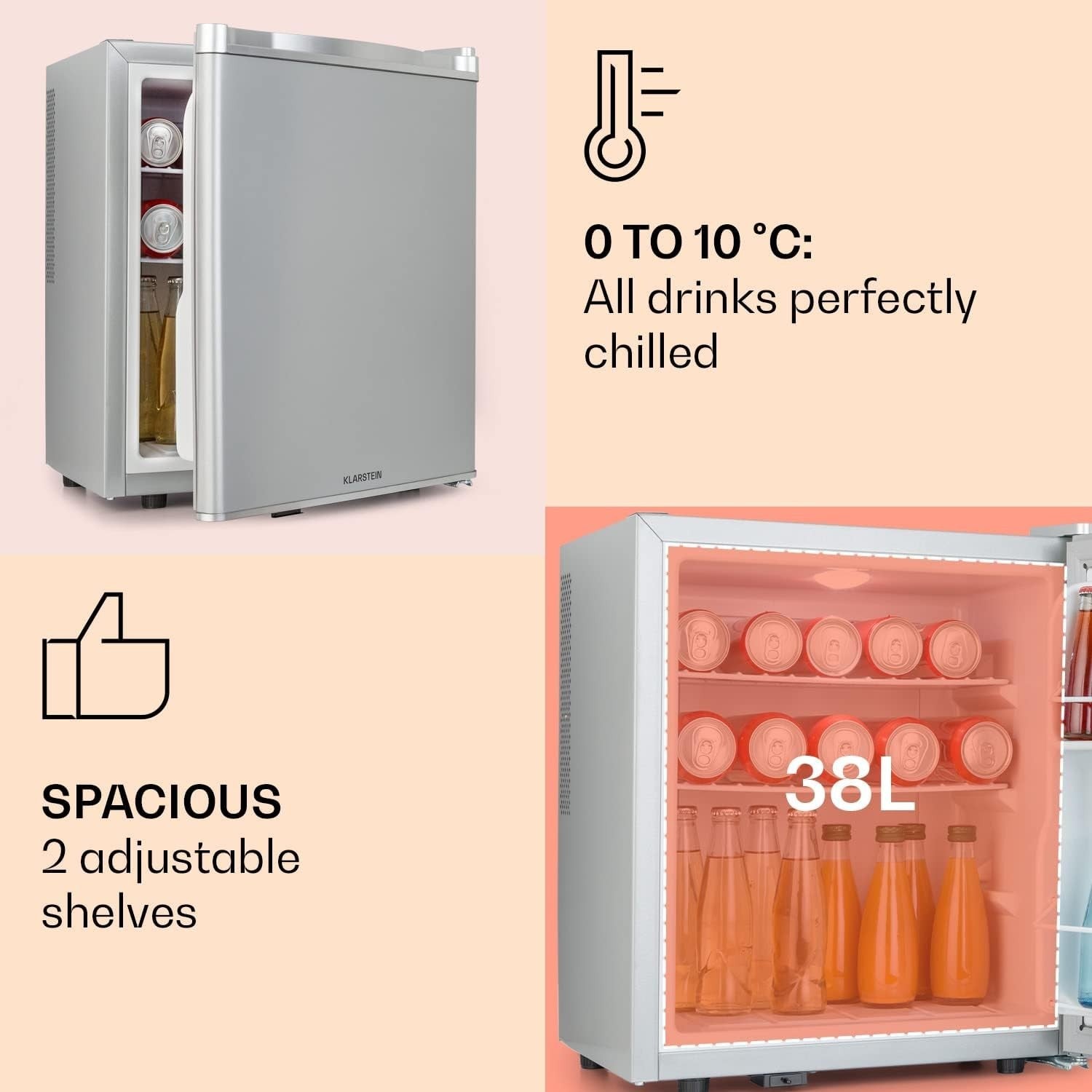 38L Mini Fridge Silver Portable Cooler and Drinks Fridge Silent