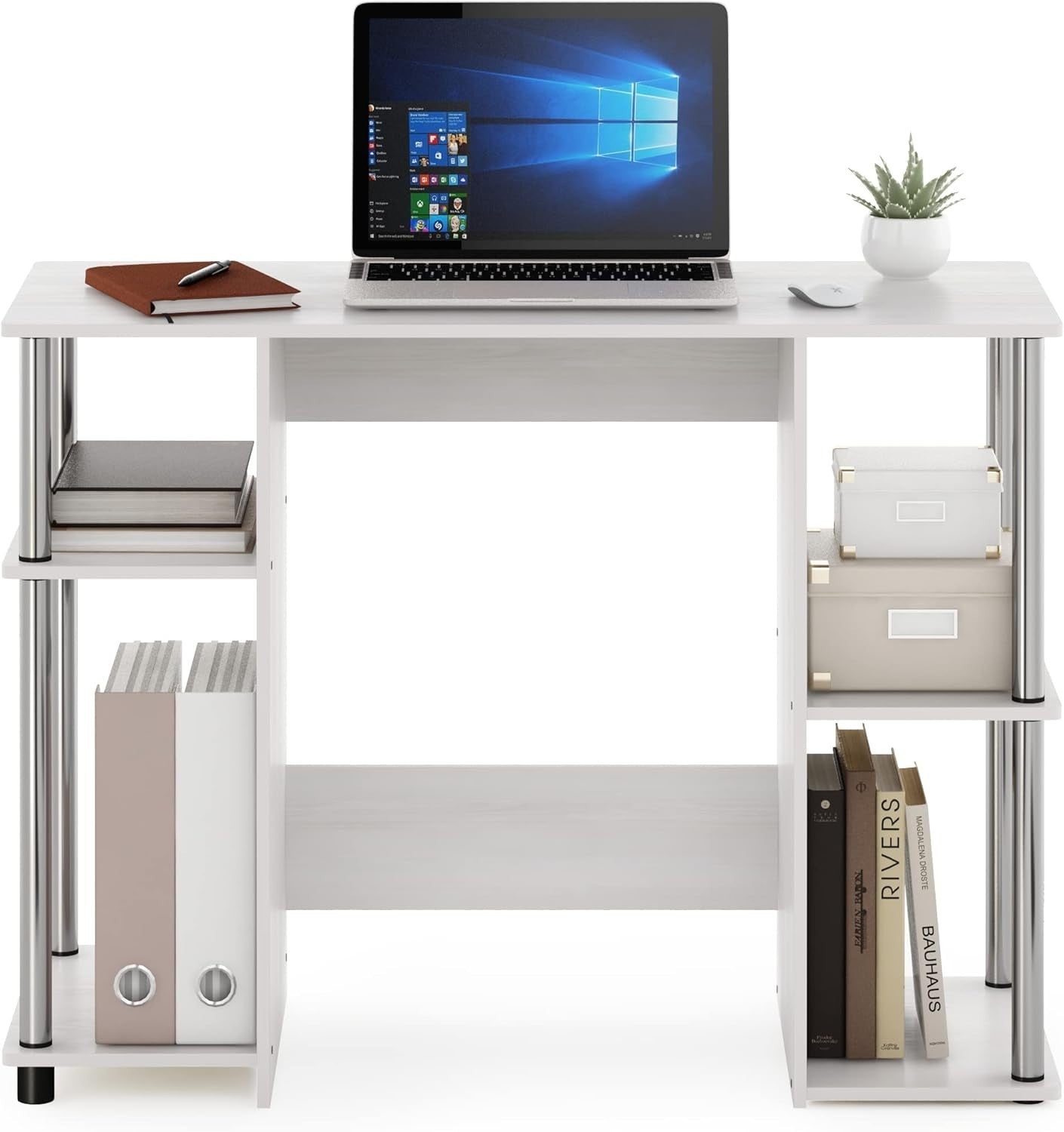 Compact Computer Desk 97cm Study Table with Shelves White Oak Office Workstation