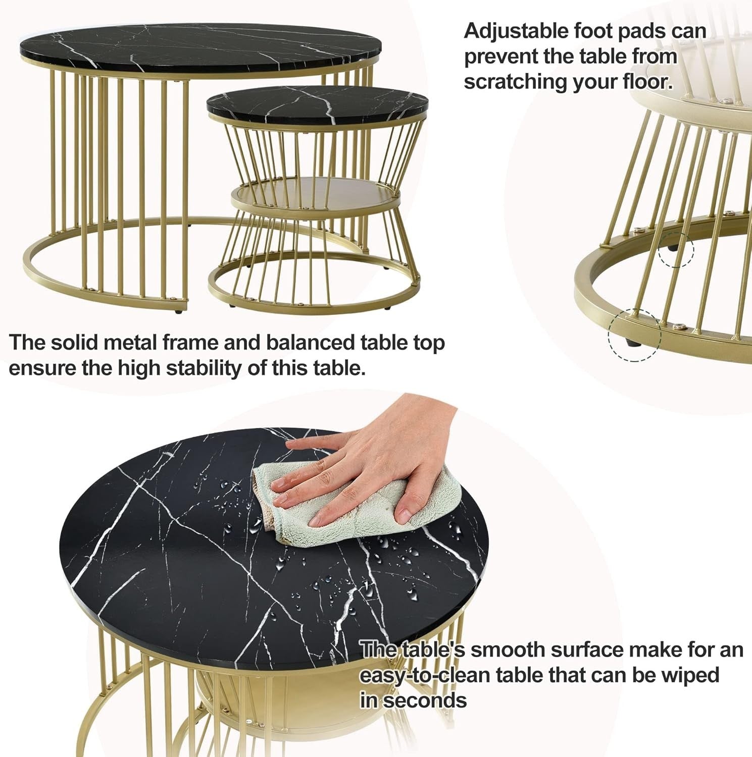 Round Coffee Table Set Nested Faux Marble Black Adjustable Height Living Room