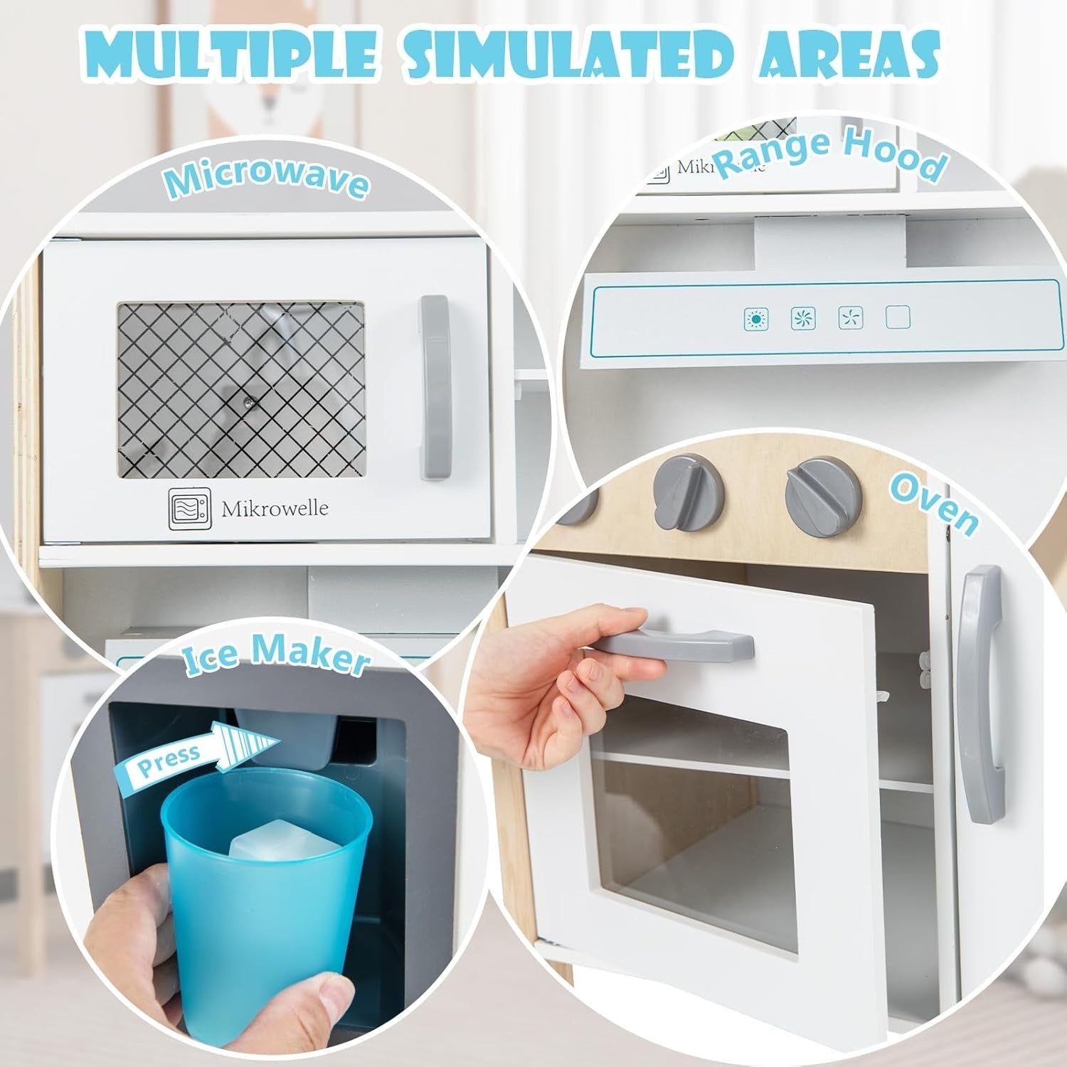 Wooden Kids Play Kitchen White Toy Set Microwave Oven Ice Maker Sound