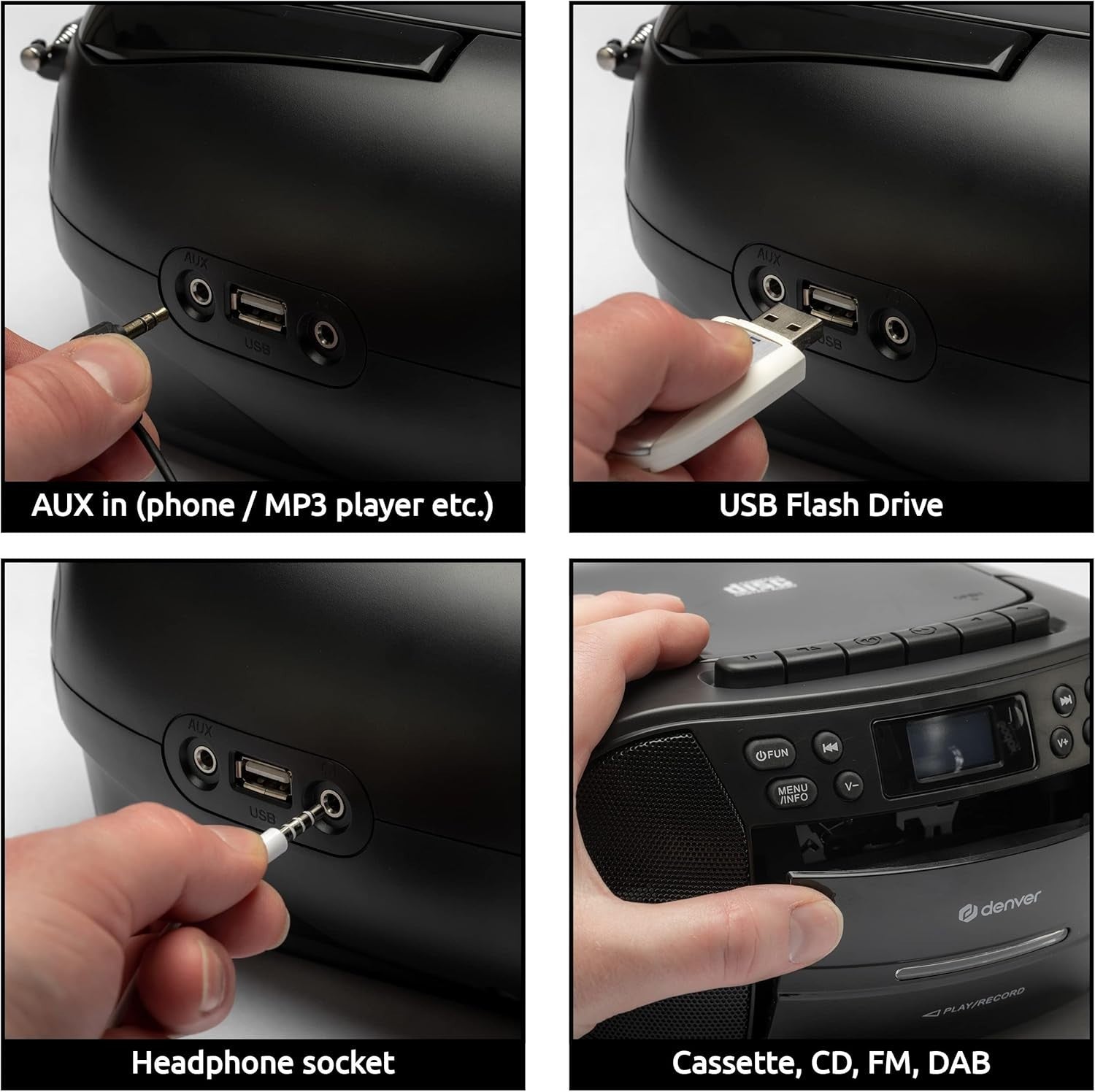 Portable DAB+ CD Cassette Player Boombox FM Radio USB AUX Alarm Black