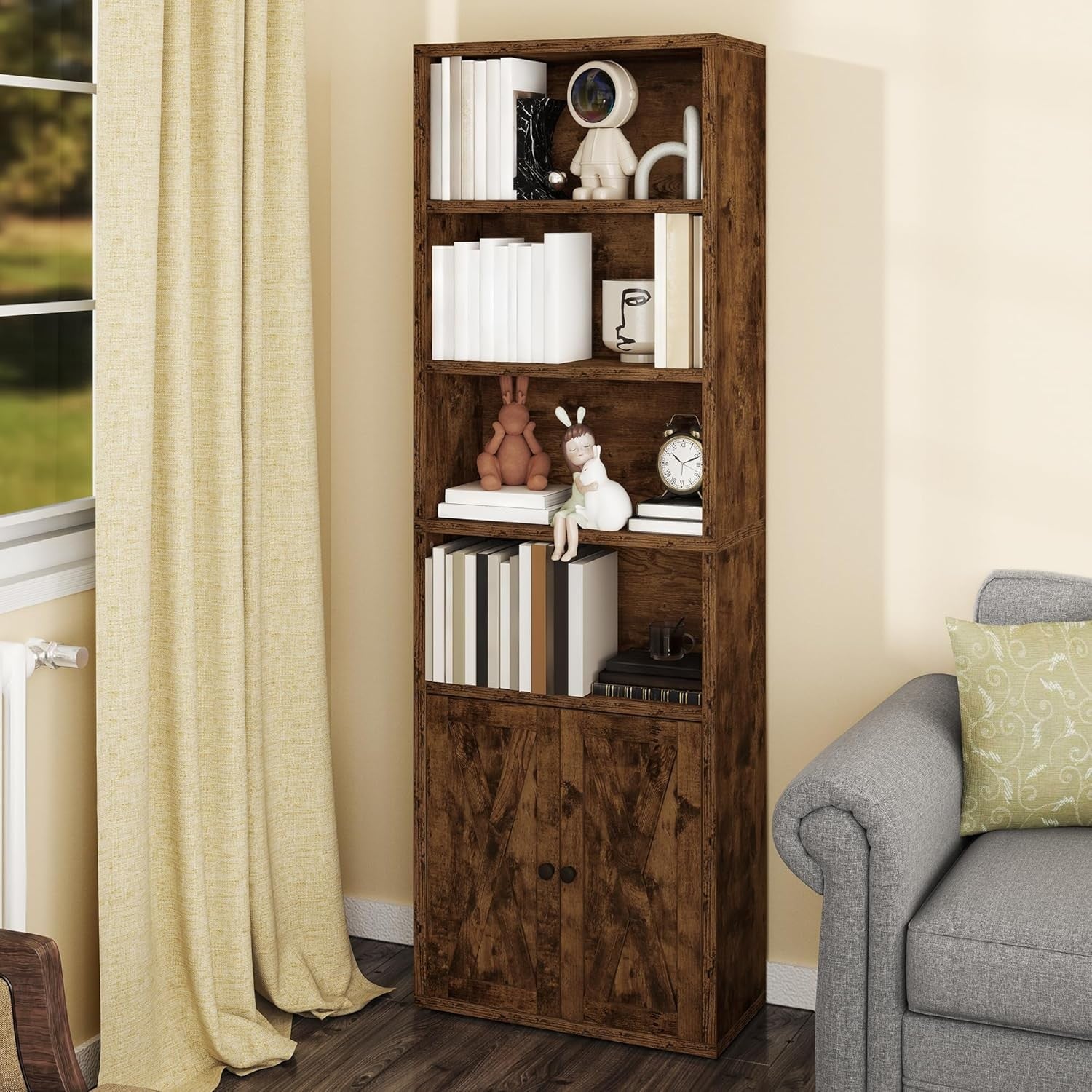 Tall Rustic Brown Bookcase | 5-Tier Storage Shelf with Doors for Living Room