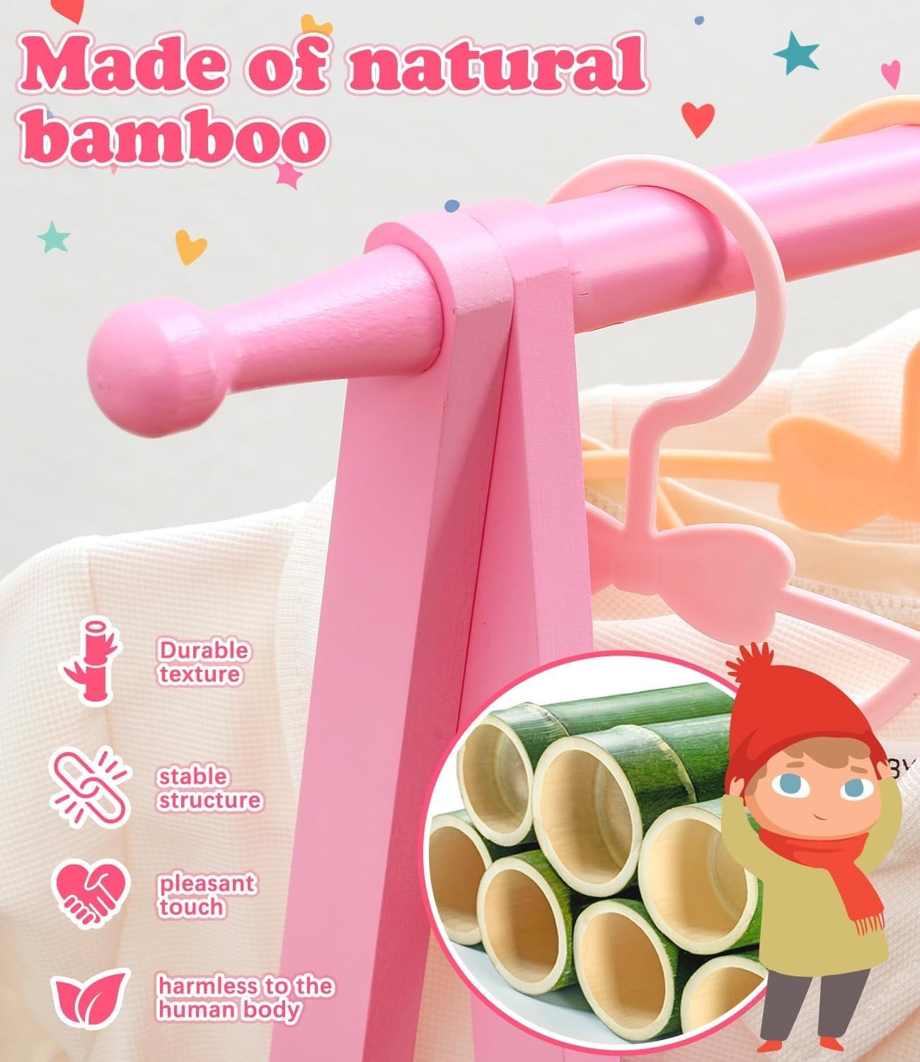 Pink Bamboo Kids Clothes Rack Dress Up Storage Stand