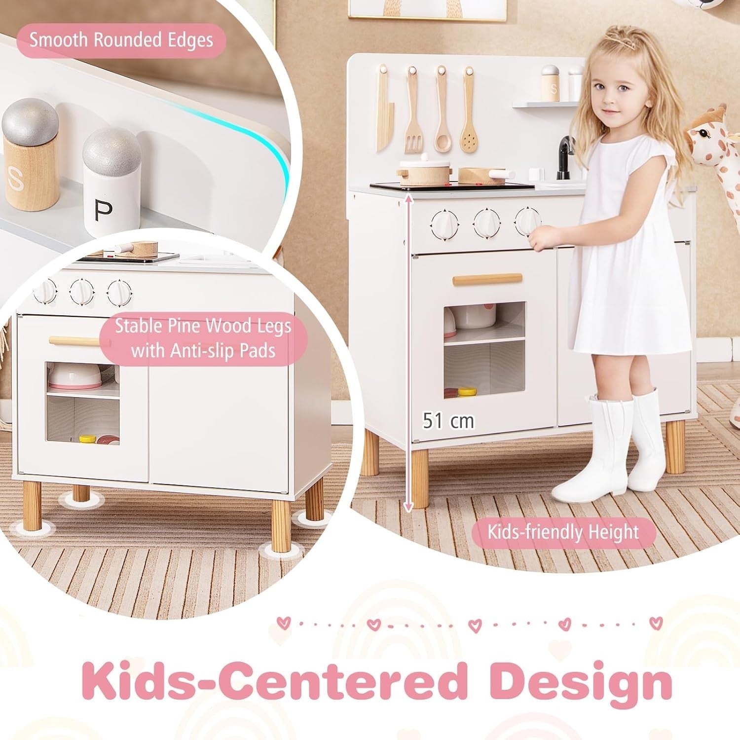 Wooden Kids Play Kitchen White Lights Sounds Oven Chef Toy Set
