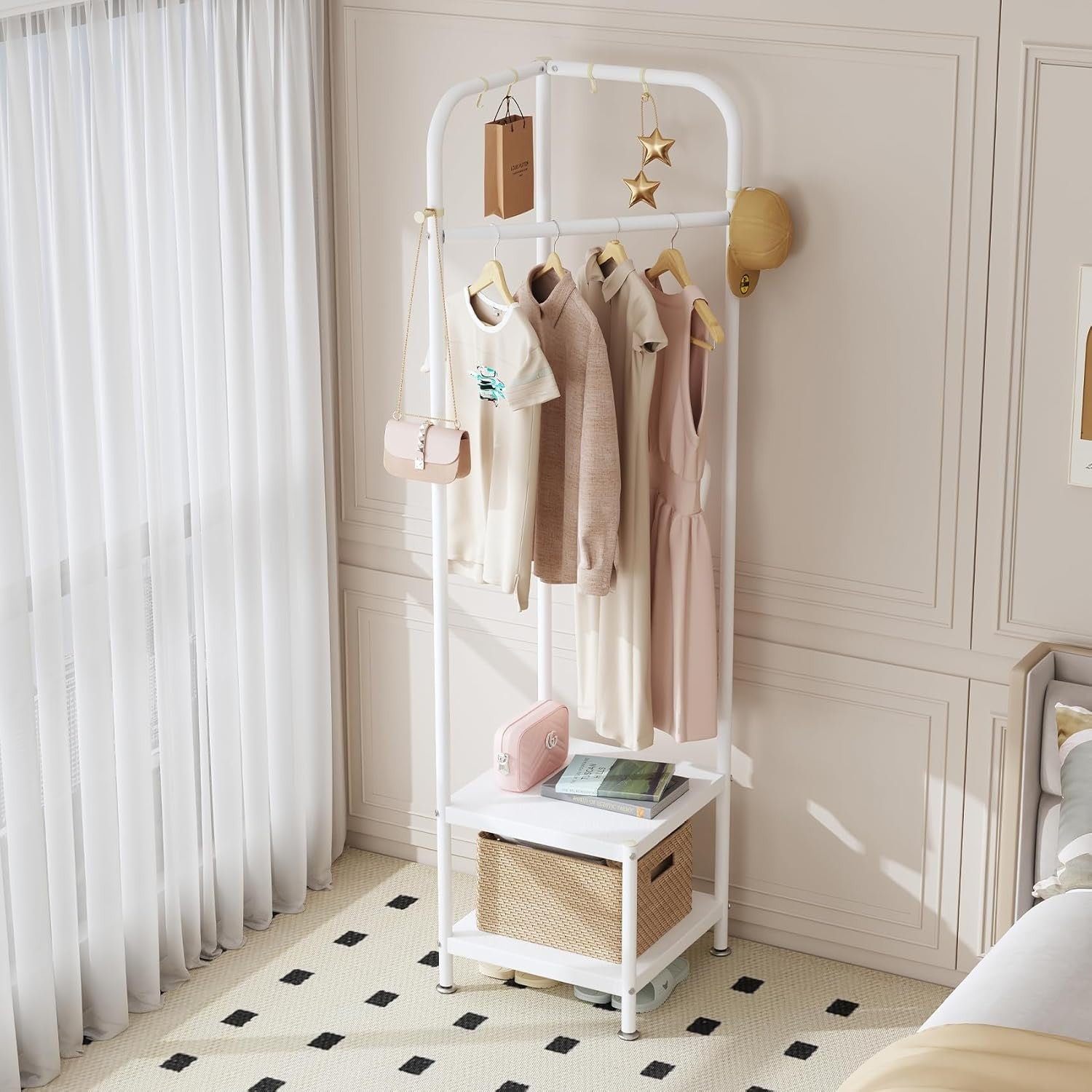 Metal Corner Coat Rack with Shelves | Space Saving Hallway Clothes Stand