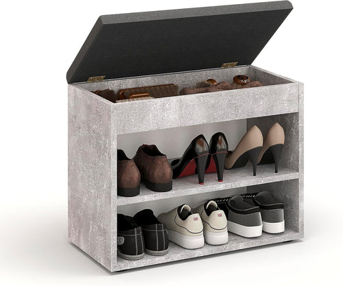 Concrete Grey Shoe Bench with Cushion & Storage for Entryway or Hallway