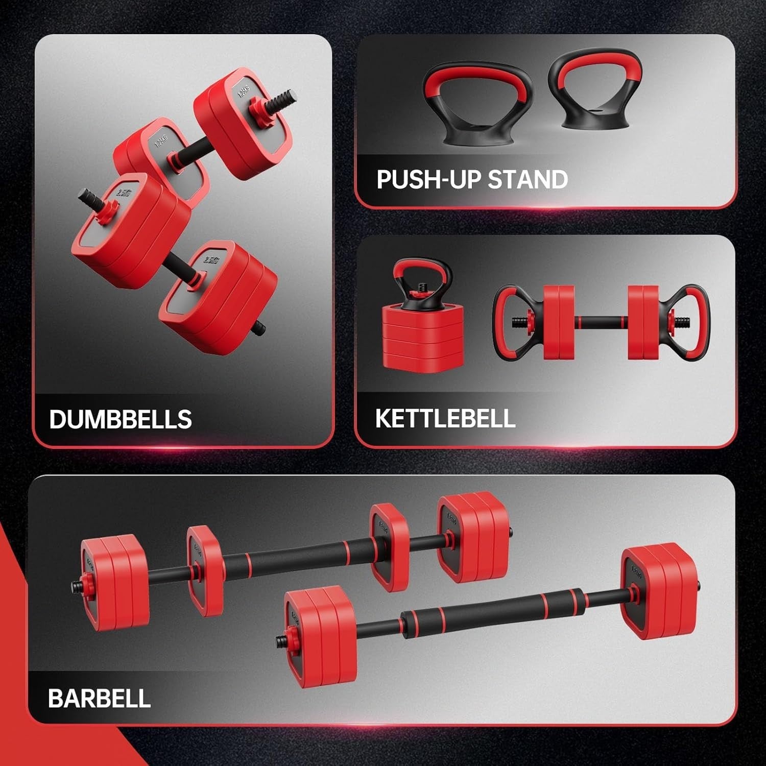 30kg Adjustable Dumbbell Set 4-in-1 Barbell Kettlebell Home Gym