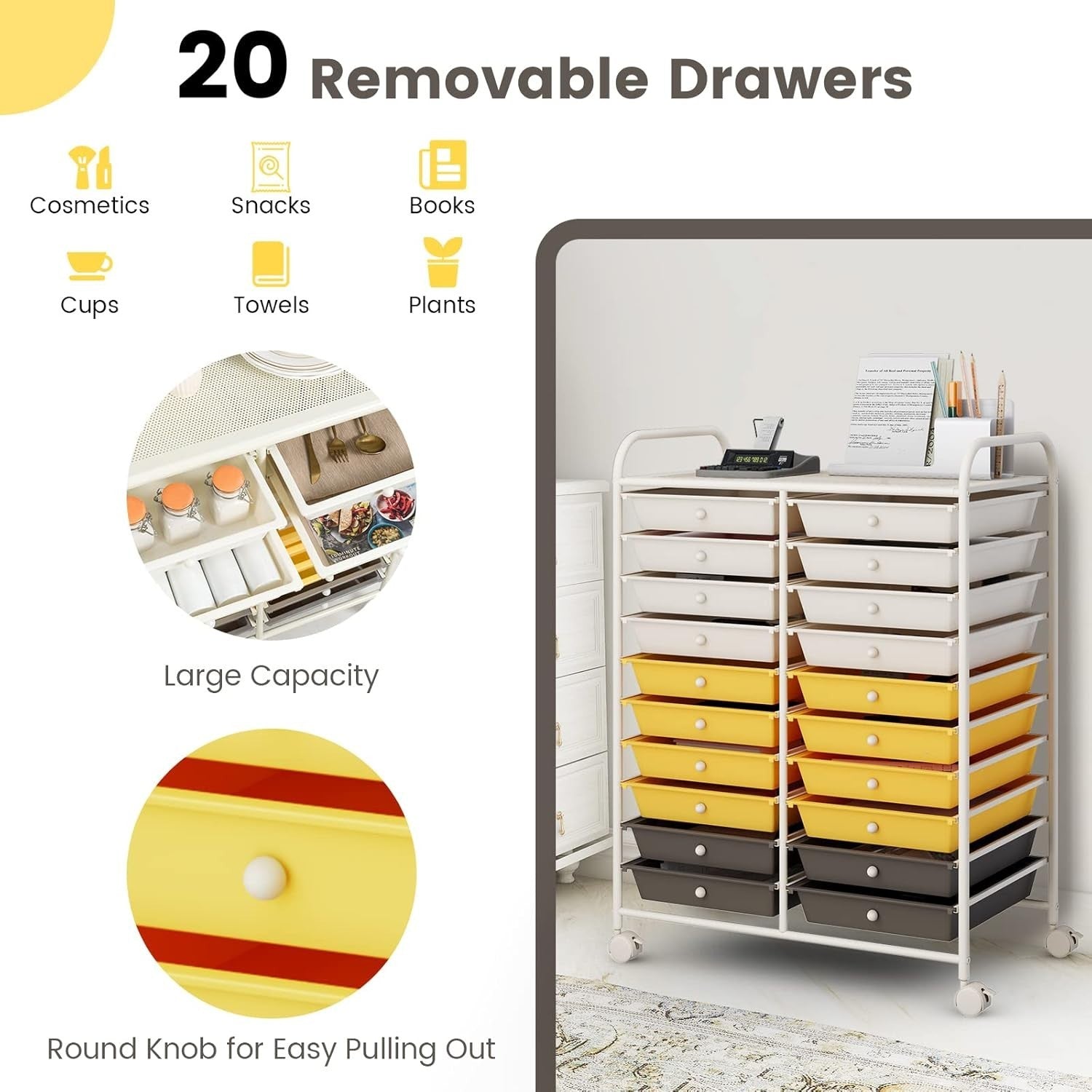 20 Drawer Rolling Storage Cart Mobile Organizer Trolley Yellow Wheels
