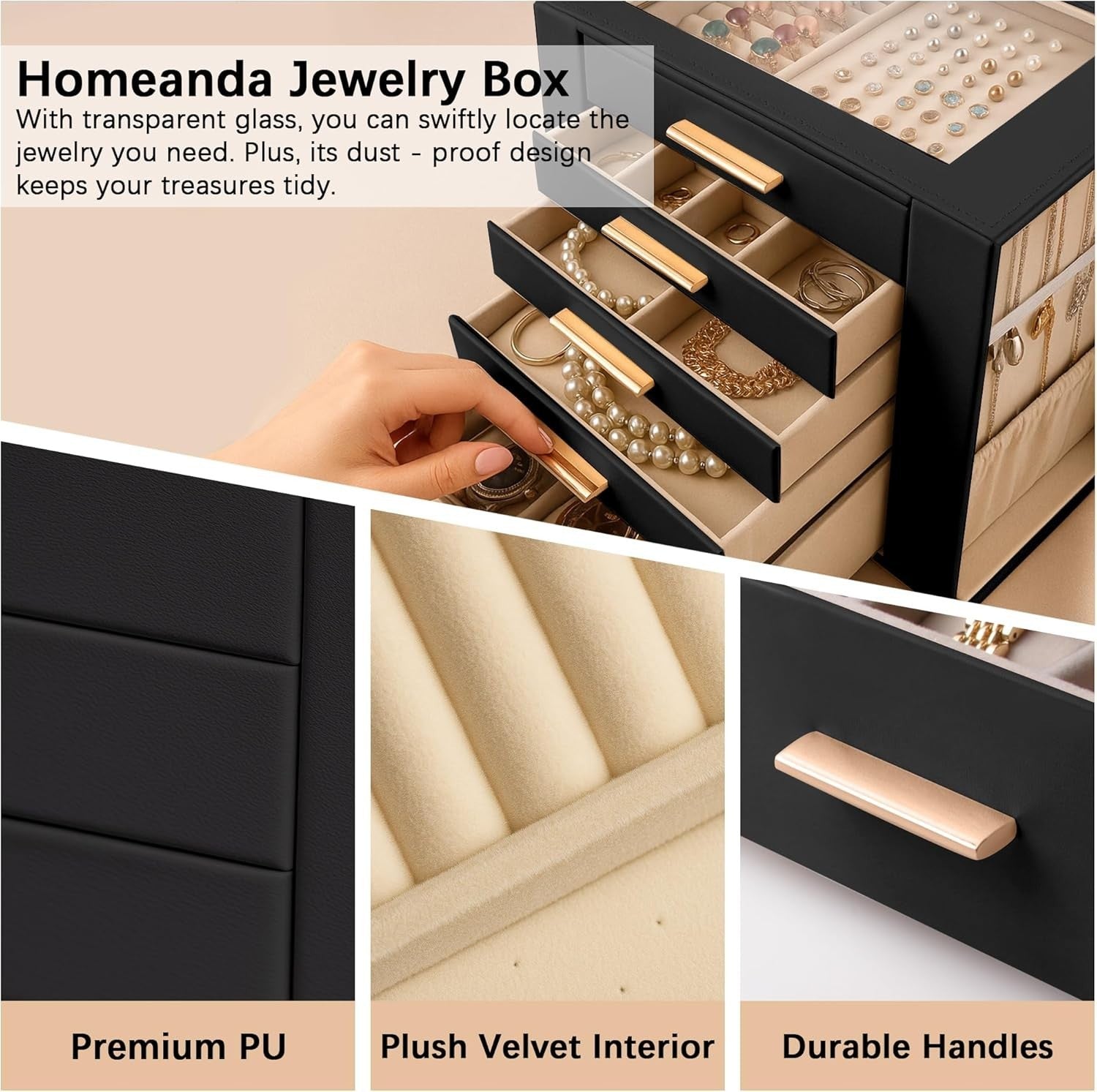 Black PU Leather Jewellery Organizer Box 5 Layer Drawer Storage Case