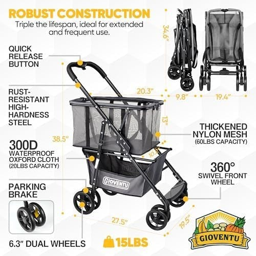 Folding Shopping Cart 80lb Capacity Collapsible Grocery Trolley Swivel Wheels