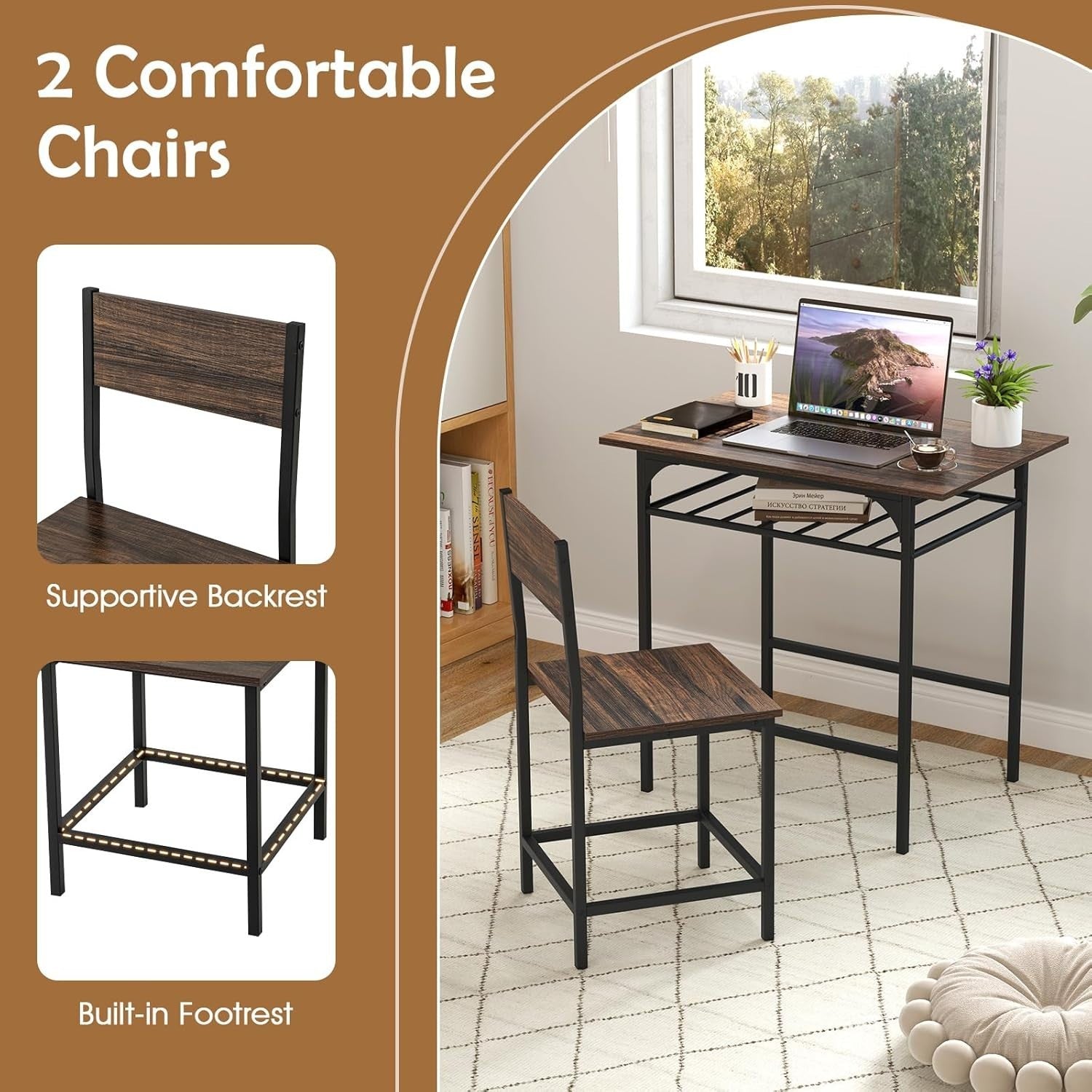 Dining Table Set Storage Rack & 2 Stools, Rustic Brown Space Saving Kitchen Set