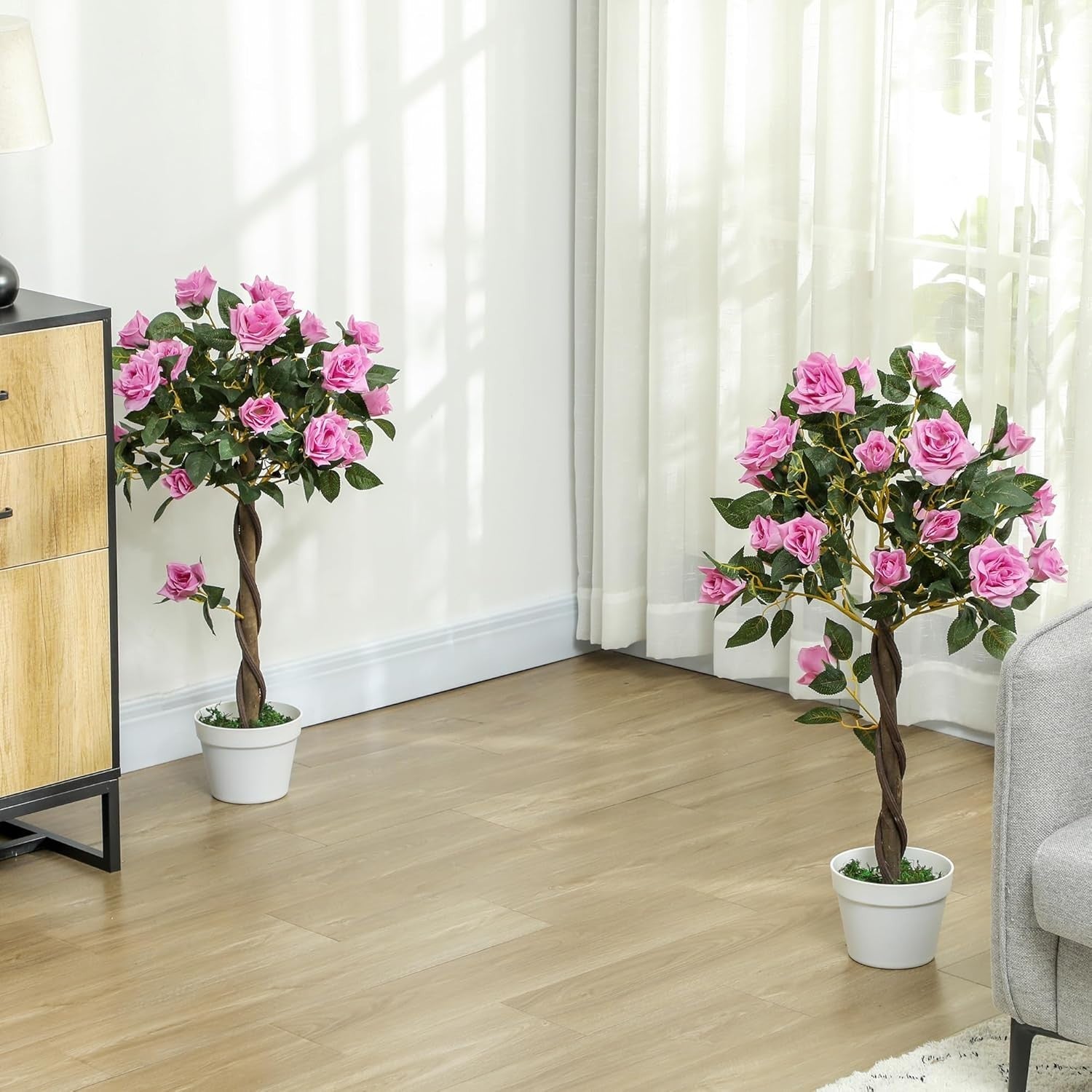Set of 2 Artificial Rose Trees 90cm Purple Faux Flower Plants Home Garden Decor
