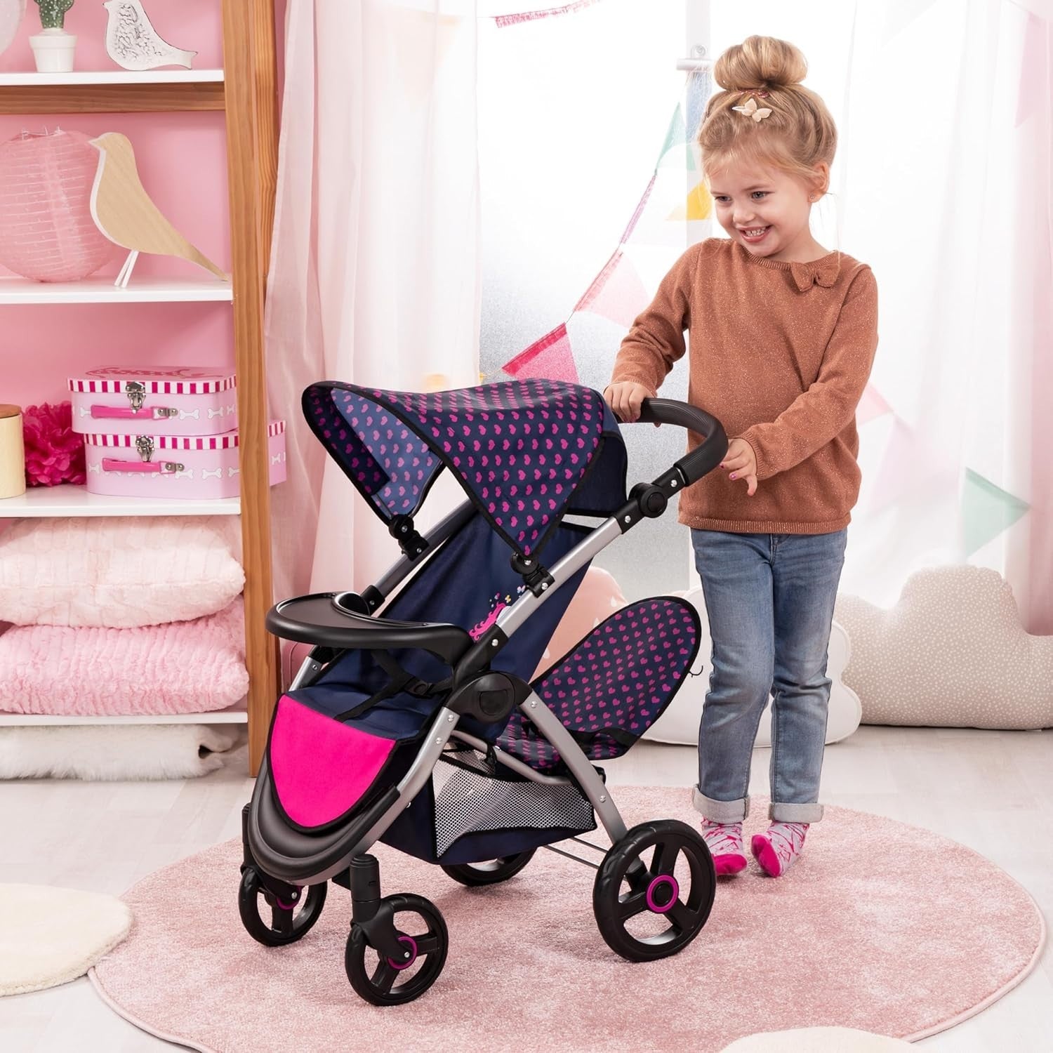 Double Doll Pushchair Twin Pram Adjustable Handle Fold Flat with Bag