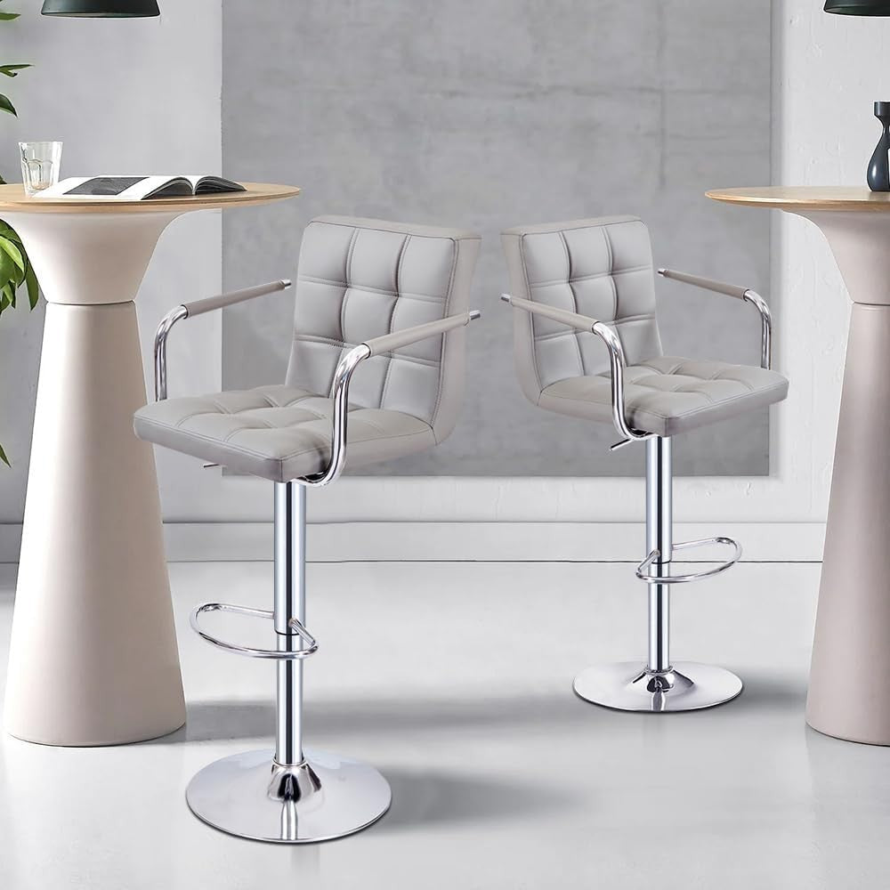 Grey Faux Leather Adjustable Swivel Bar Stool with Armrest